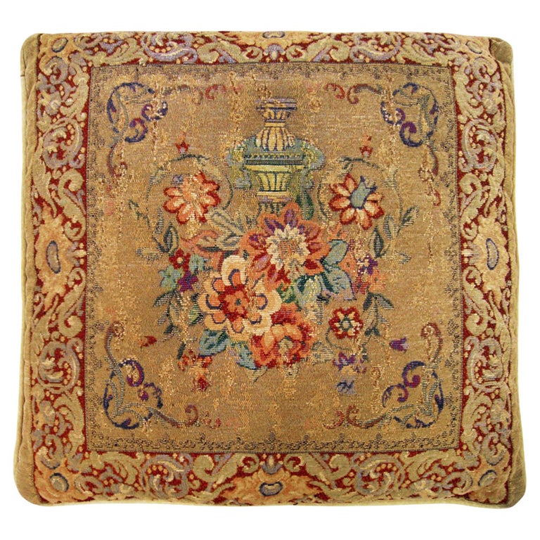 Decorative Antique French Needlepoint Pillow with Floral Elements For