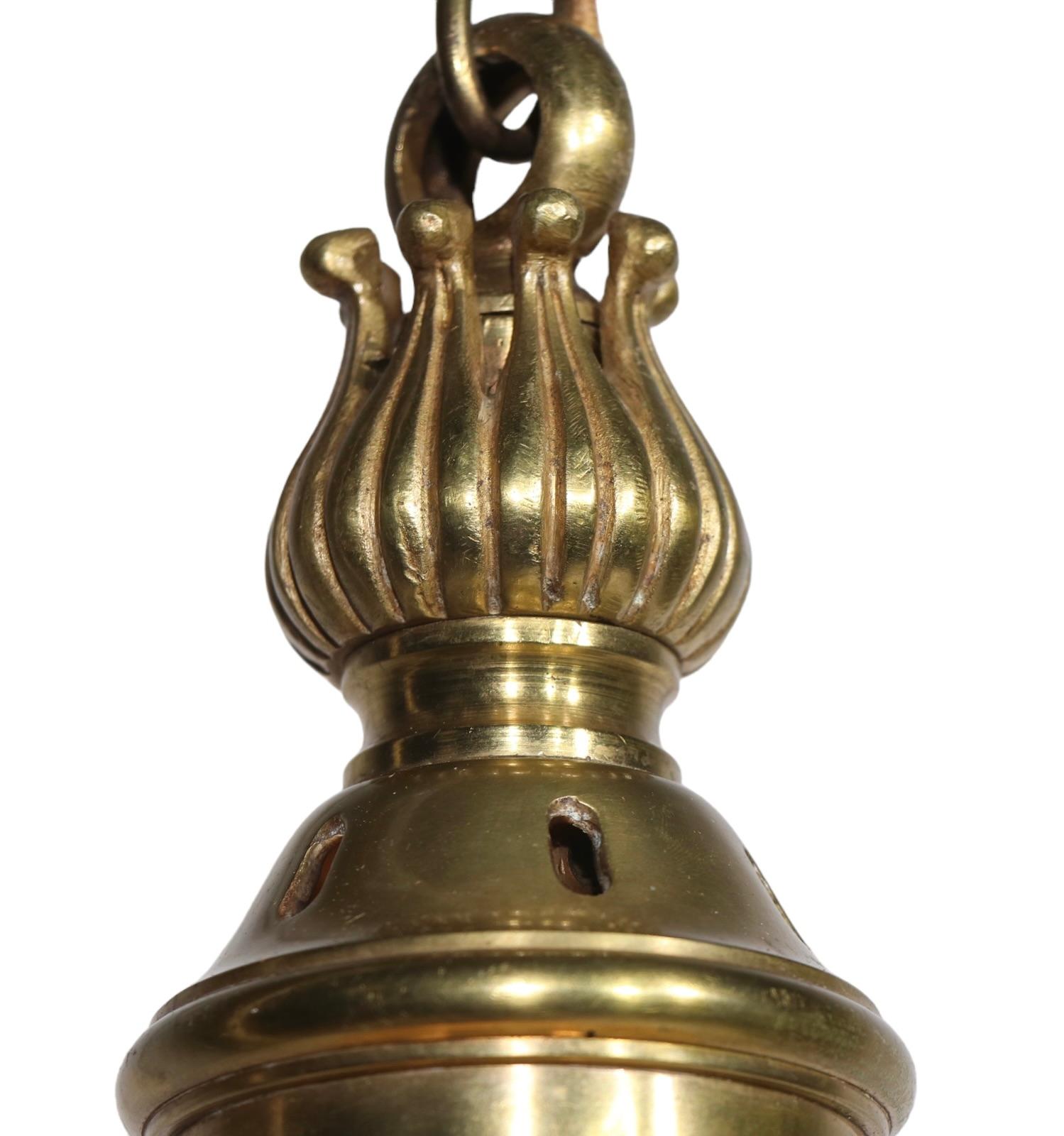 Decorative Antique Halophane Pendant Chandelier with Brass Hardware For Sale 7