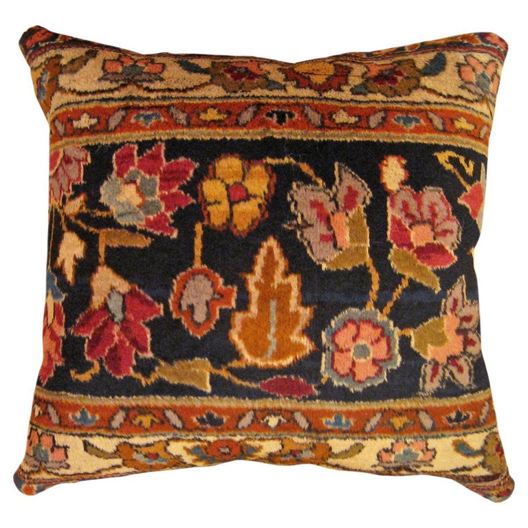 Decorative Antique Indian Agra Rug Pillow with Floral Elements Allover