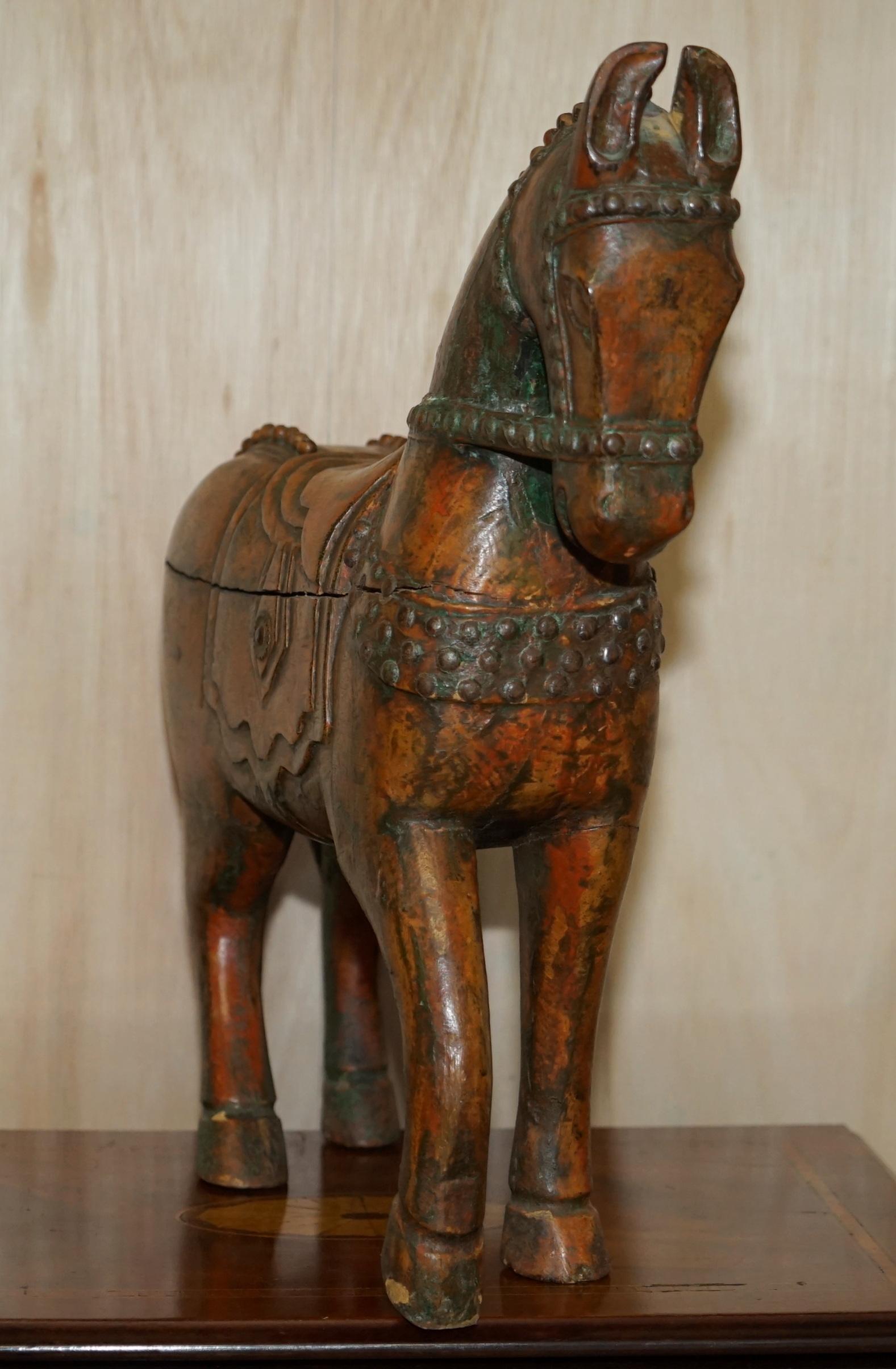 Decorative Antique Indian Hand Carved & Painted Wooden Statue of a Lovely Horse 5