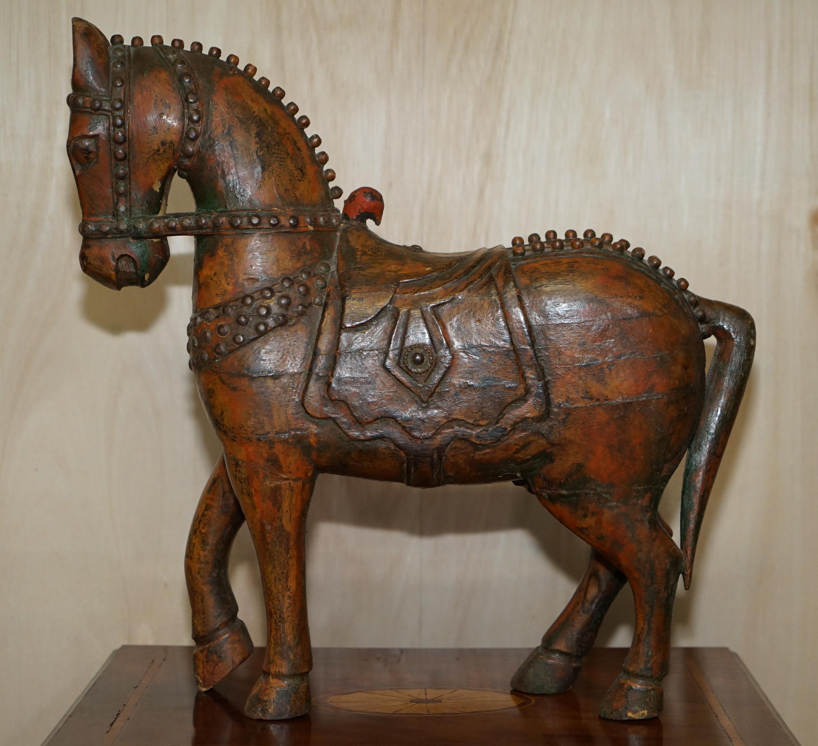 Decorative Antique Indian Hand Carved & Painted Wooden Statue of a Lovely Horse 8