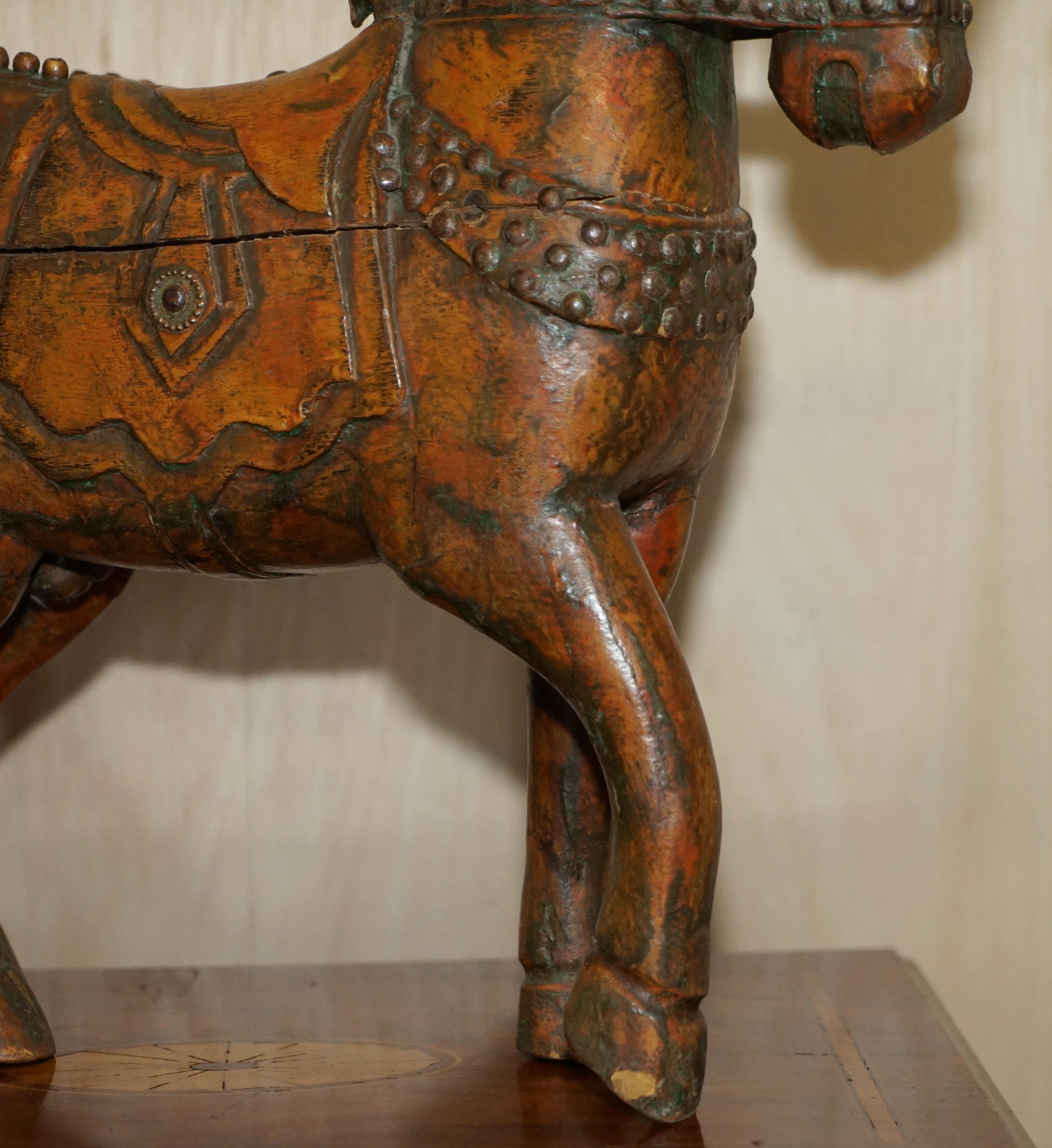 Anglo-Indian Decorative Antique Indian Hand Carved & Painted Wooden Statue of a Lovely Horse