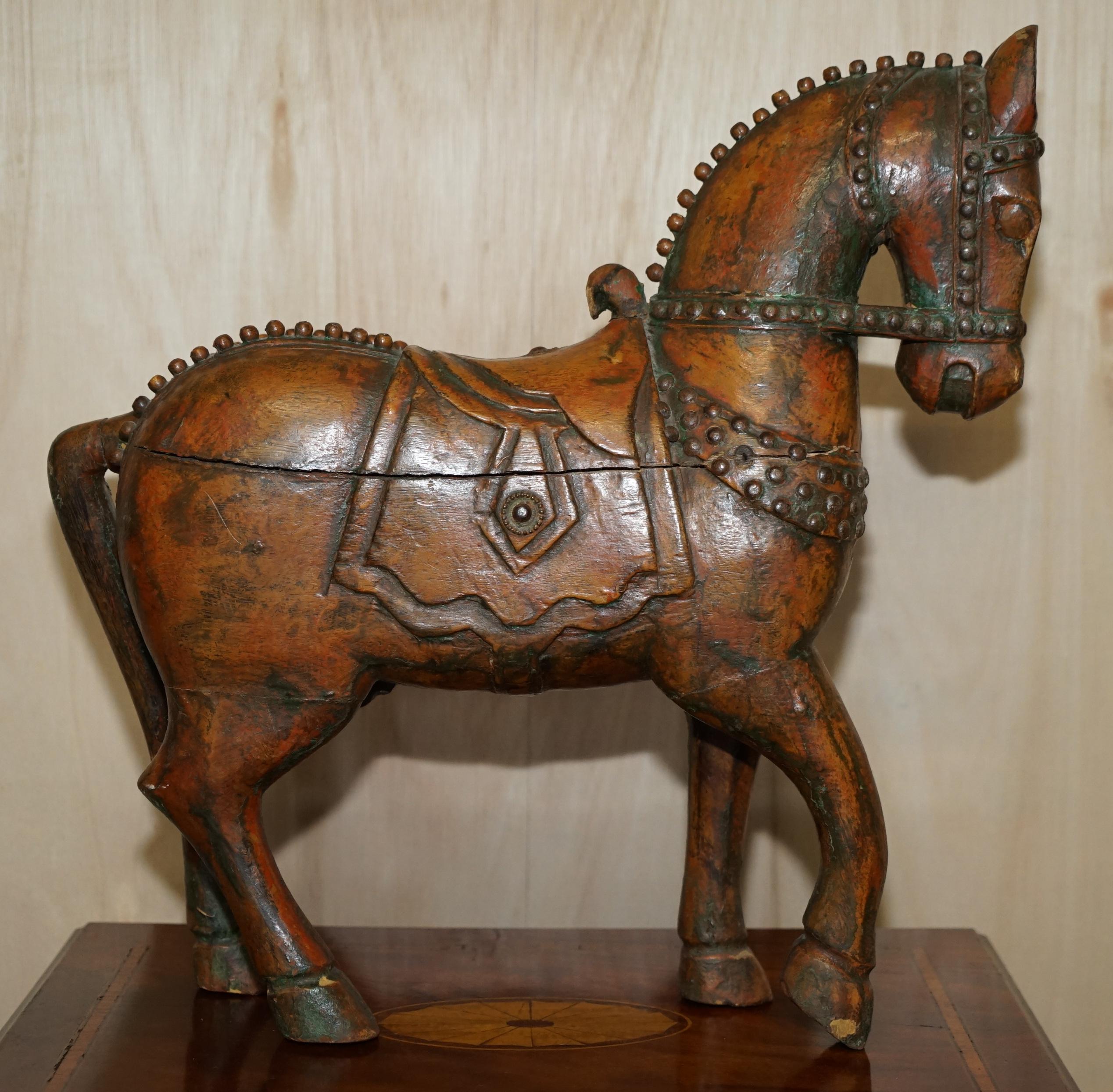 Hand-Carved Decorative Antique Indian Hand Carved & Painted Wooden Statue of a Lovely Horse