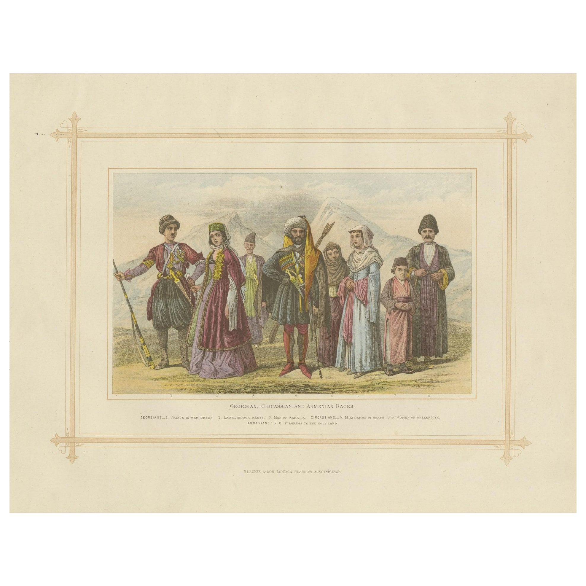 Lithographie ancienne décorative des courses géorgiennes, circasiennes et arméniennes, 1882 en vente