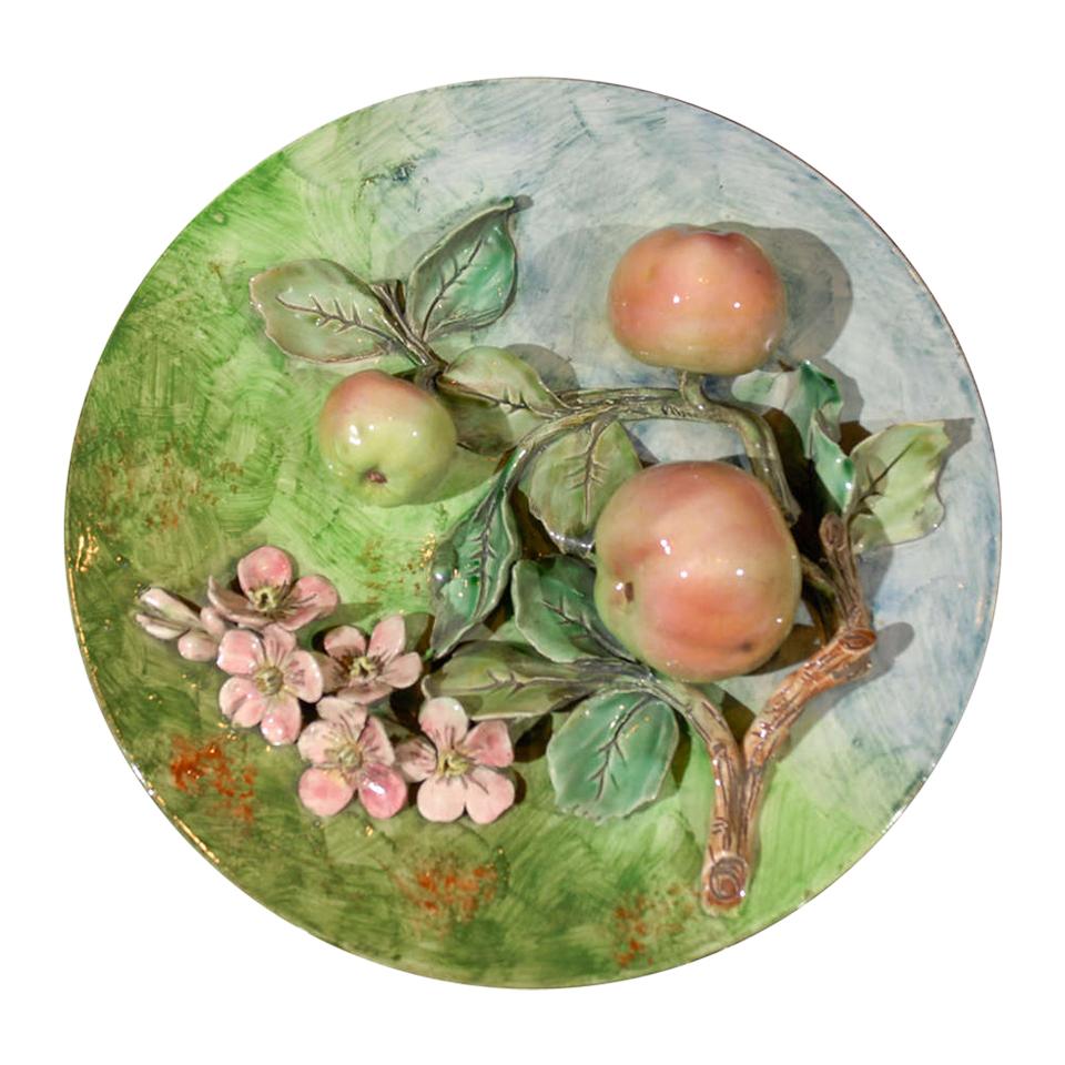 Decorative Antique Longchamp Majolica Plate with Apples & Flowers, circa 1880