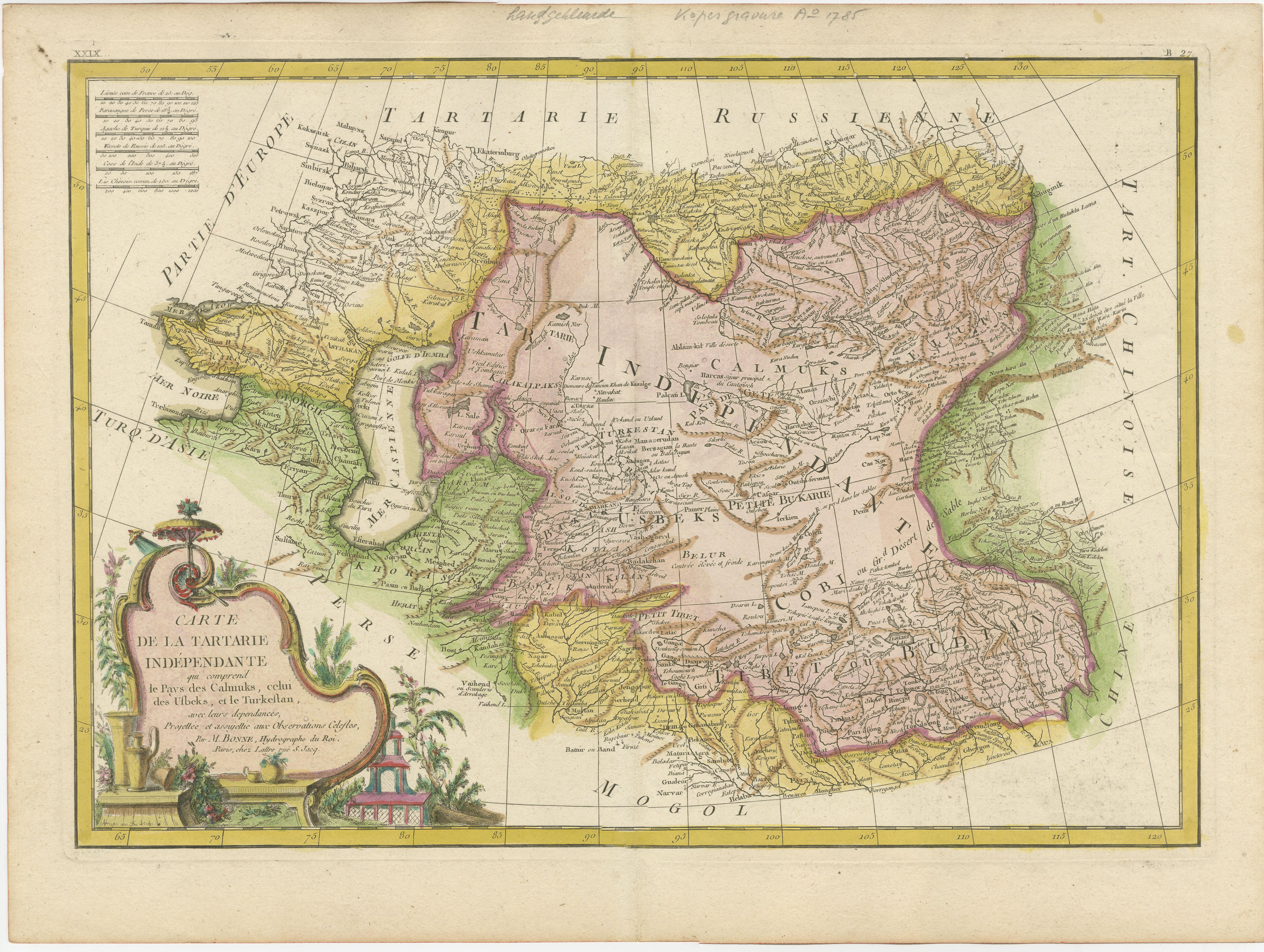 Antique map titled 'Carte de la Tartarie Indépendante (..)'. Decorative map of Central Asia (Tartary). Covers from the Black Sea south to China, north to Russia, and south to Persia and India. Drawn by R. Bonne for Jean Lattre's 'Atlas Moderne'