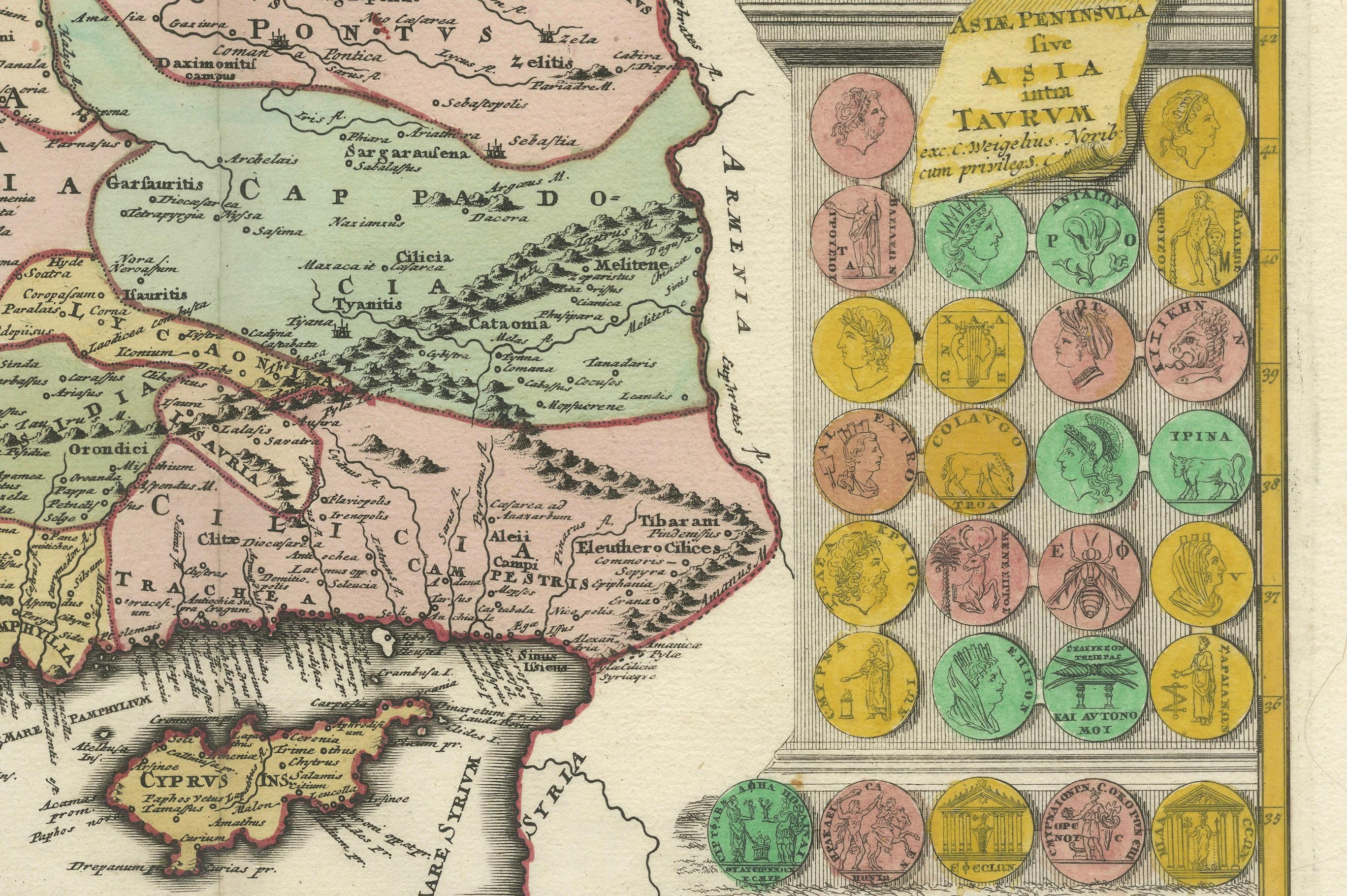 Titre : Asiae Peninsula sive Asia Intra Taurum par Christoph Weigel, Circa 1720 - Carte ancienne décorative de Chypre et de l'Asie Mineure

Description : Cette rare carte ancienne, intitulée *Asiae Peninsula sive Asia Intra Taurum*, a été publiée