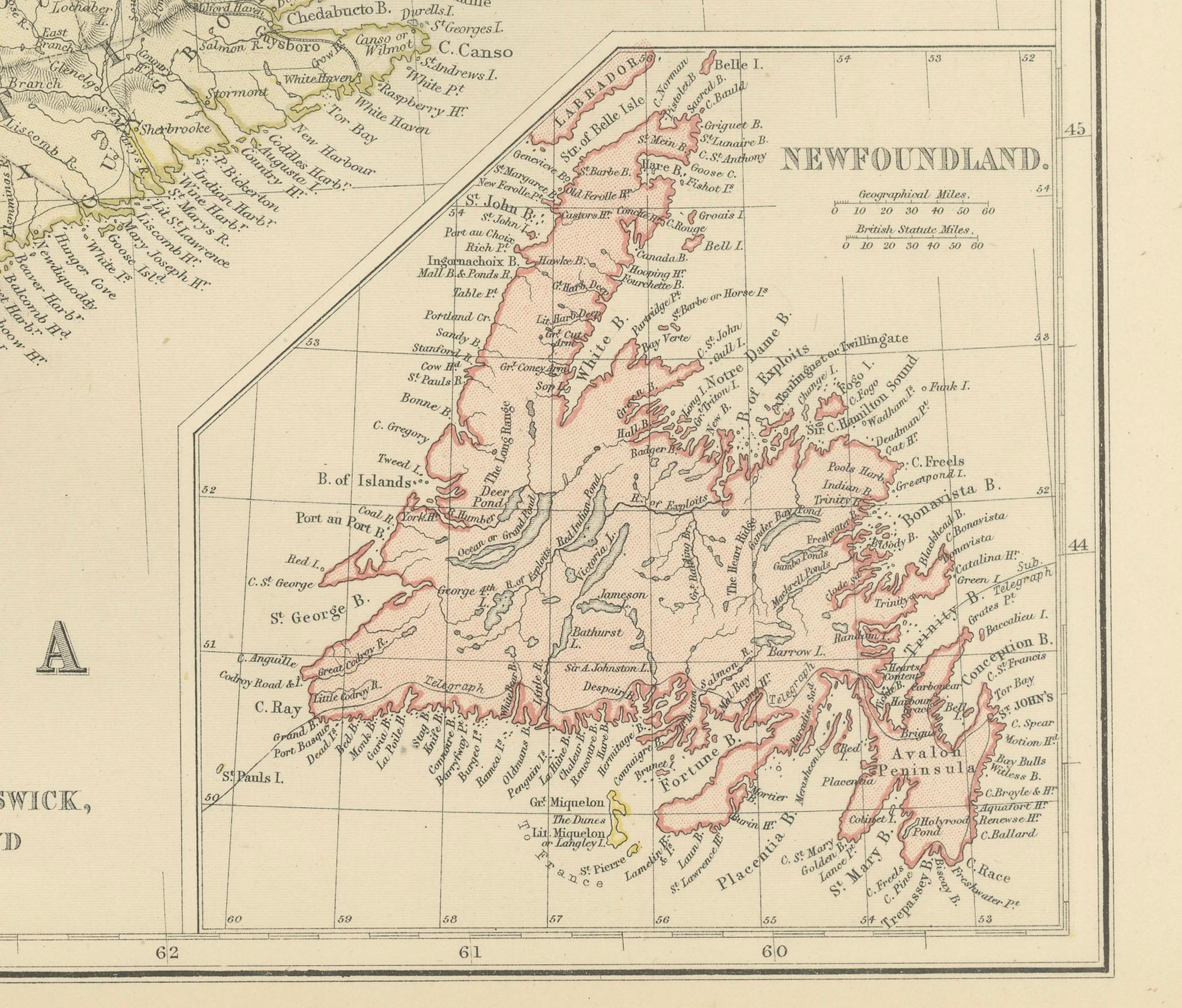 Dies ist eine historische Karte aus dem Blackie Atlas von 1882, die sich auf Ostkanada und die maritimen Provinzen konzentriert. Die Karte trägt den Titel 