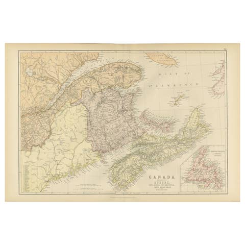 Antique Map of Eastern Canada, Blackie Atlas, 1882, Detailed Geography
