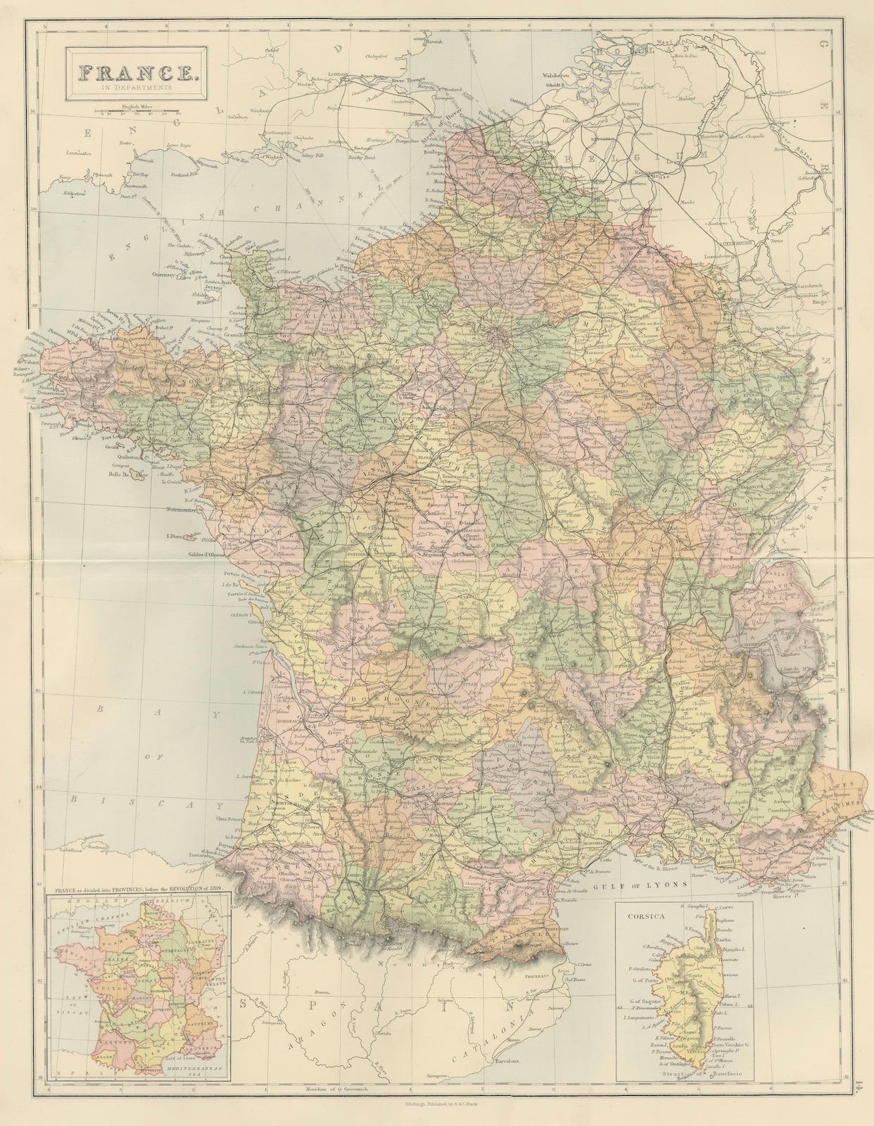 Dekorative antike Karte von Frankreich in Departements - Collectional Print, 1884 im Angebot 1