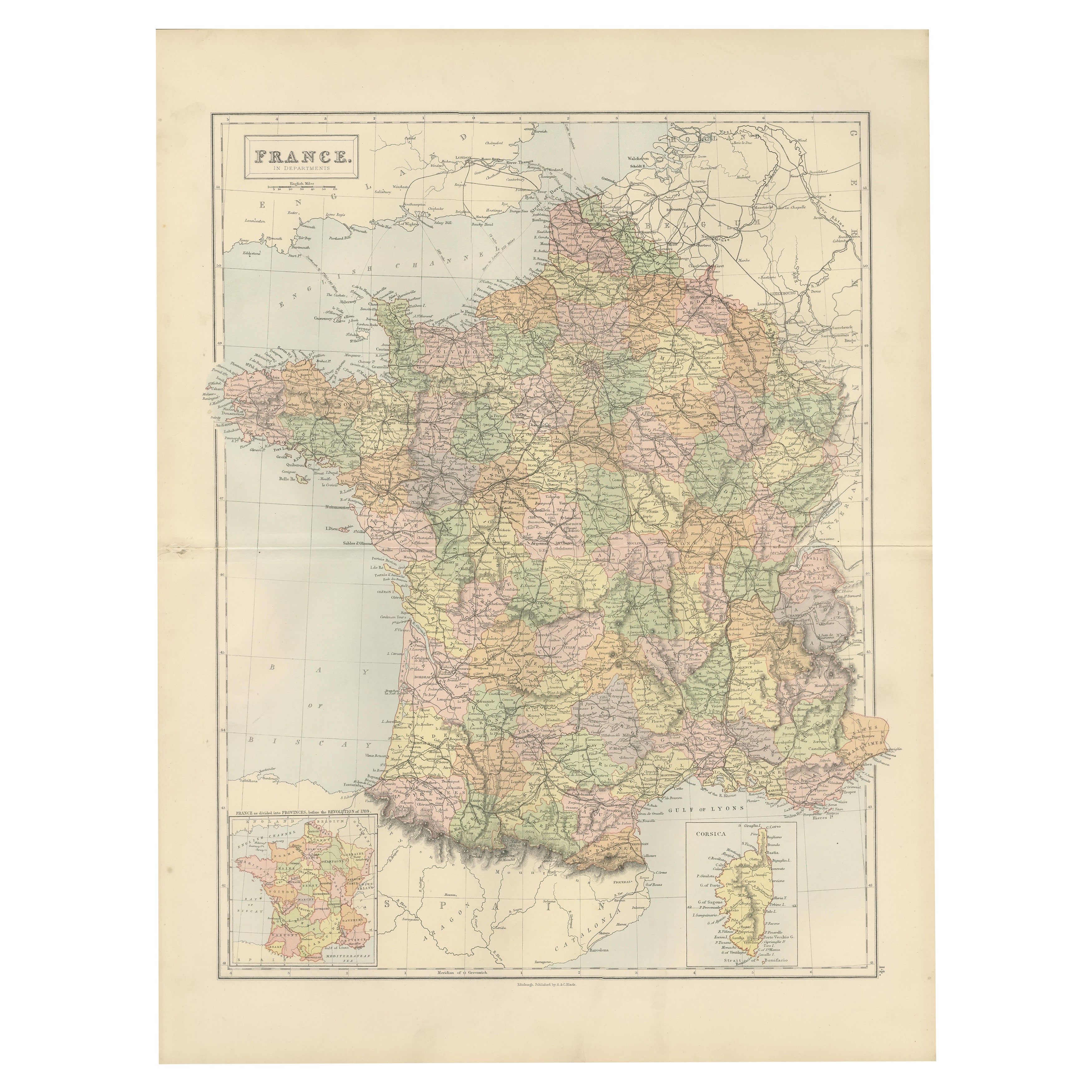 Dekorative antike Karte von Frankreich in Departements - Collectional Print, 1884 im Angebot