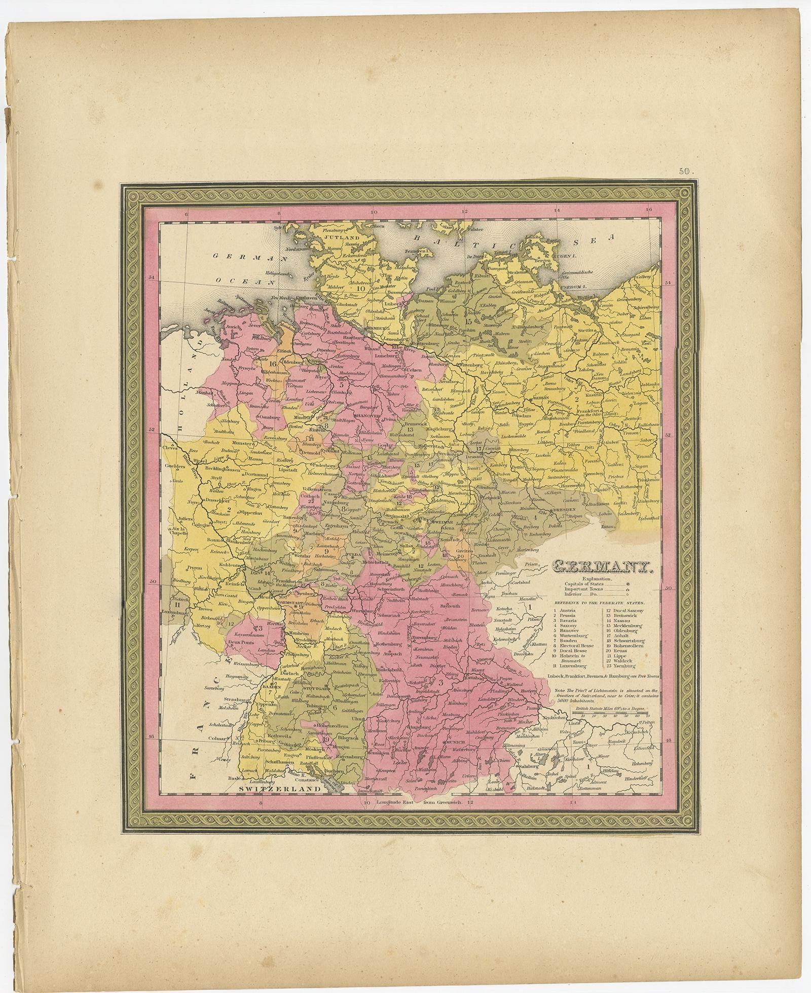 Antique map titled 'Germany'. Old map of Germany. 

This map originates from 'A New Universal Atlas Containing Maps of the various Empires, Kingdoms, States and Republics Of The World (..) by S.A. Mitchell. 

Artists and Engravers: Samuel