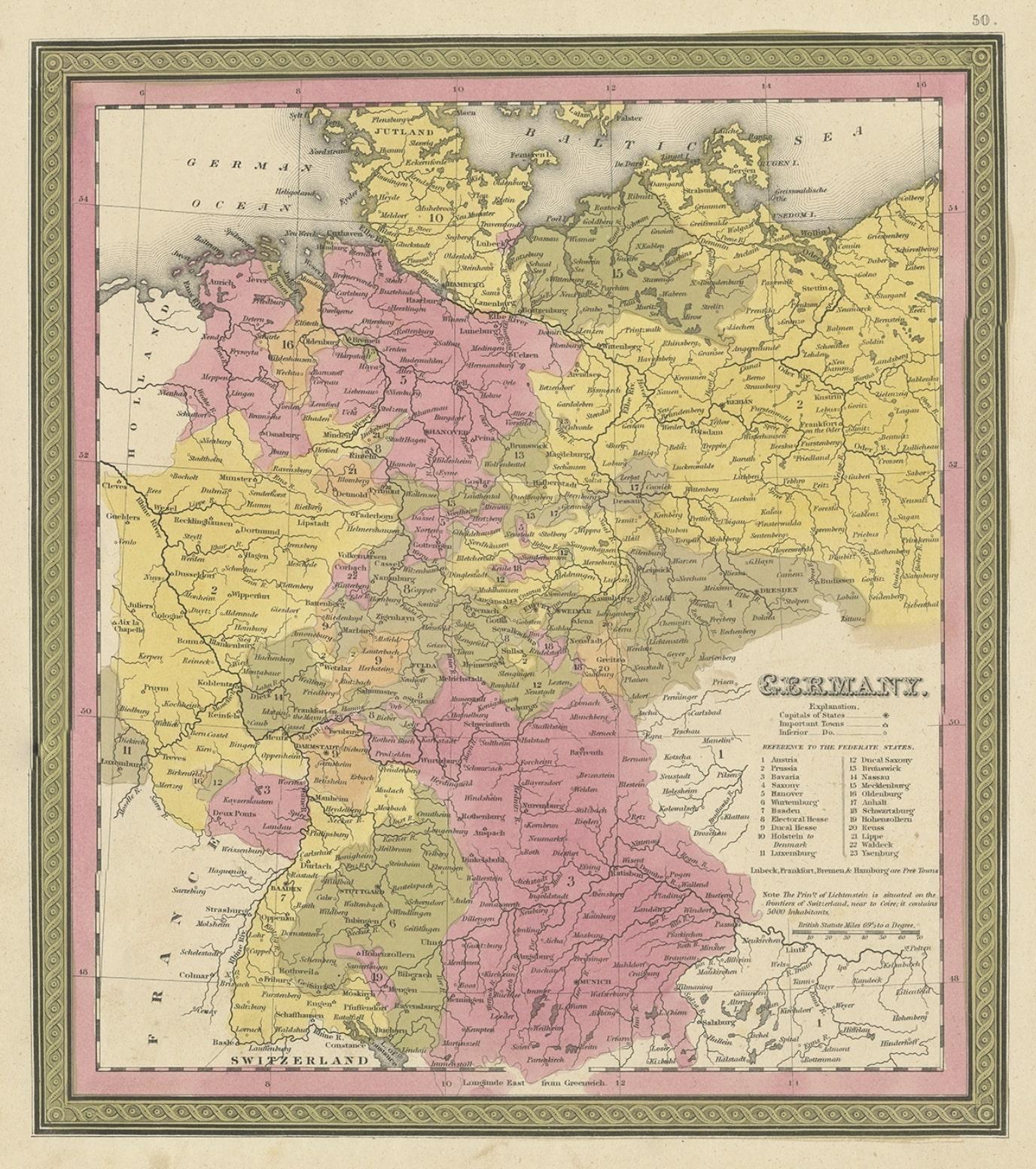 Decorative Antique Map of Germany, 1846 In Good Condition For Sale In Langweer, NL