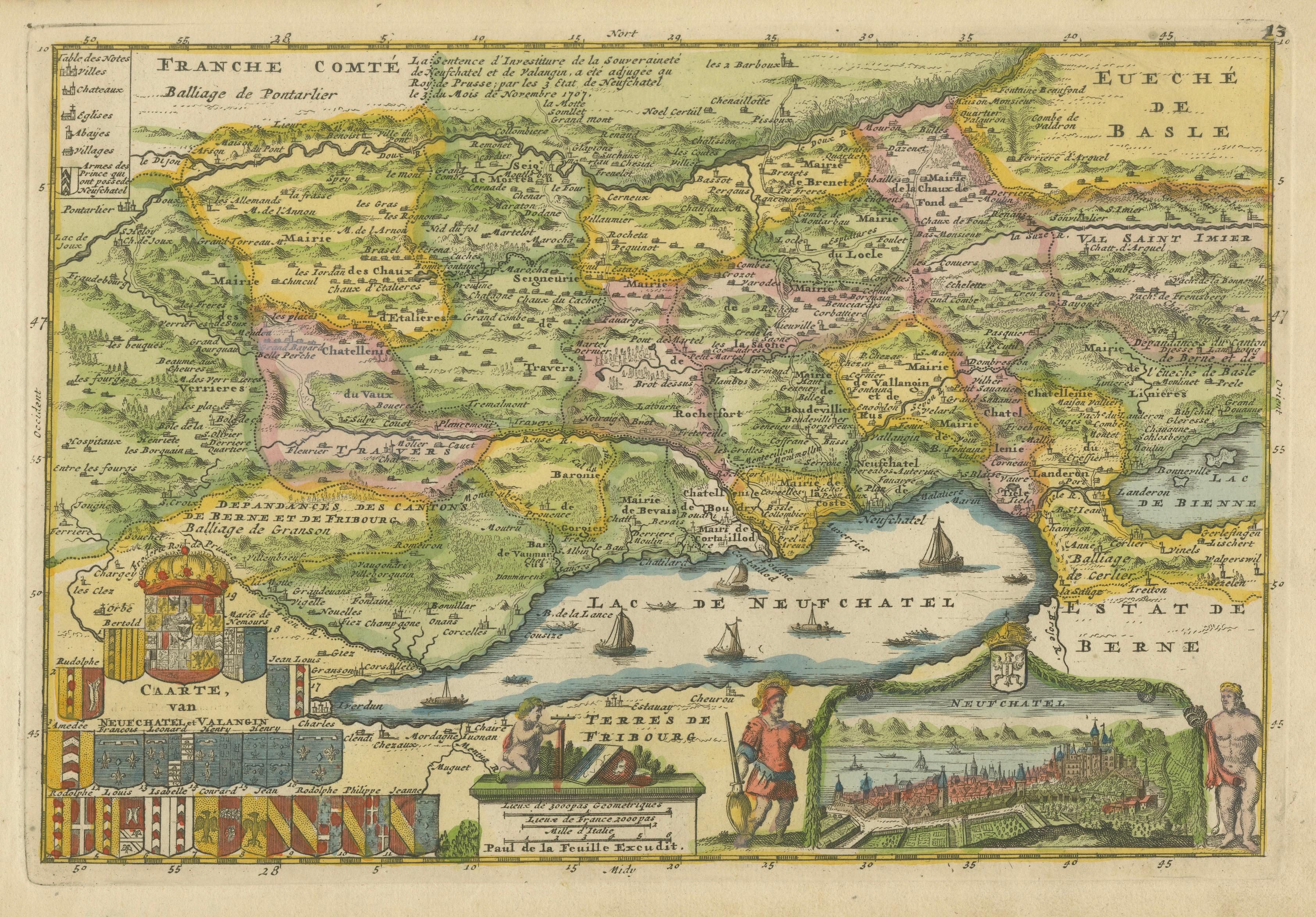 Decorative Antique Map of Neuchâtel & Lake Neuchâtel with Heraldry, 1706