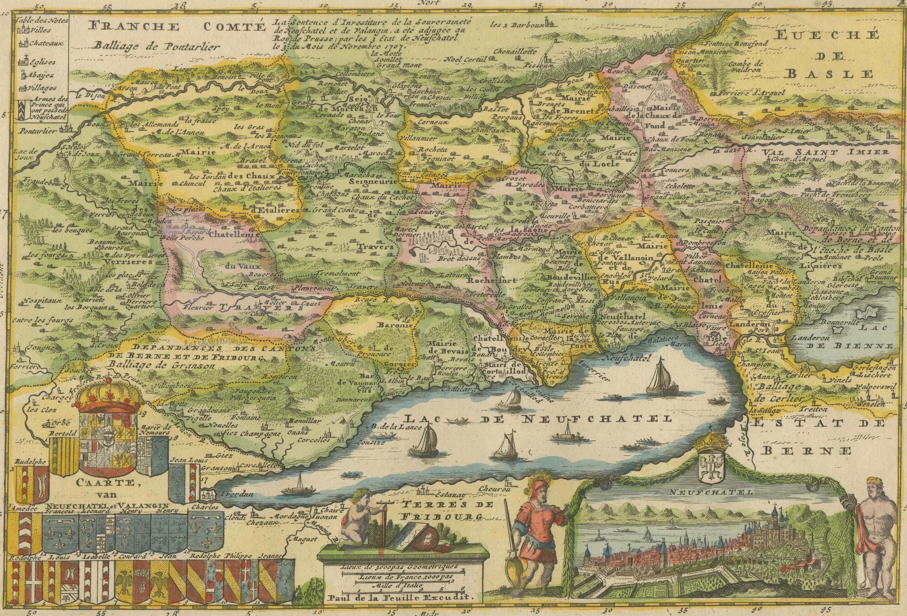 Decorative Antique Map of Neuchâtel & Lake Neuchâtel with Heraldry, 1706