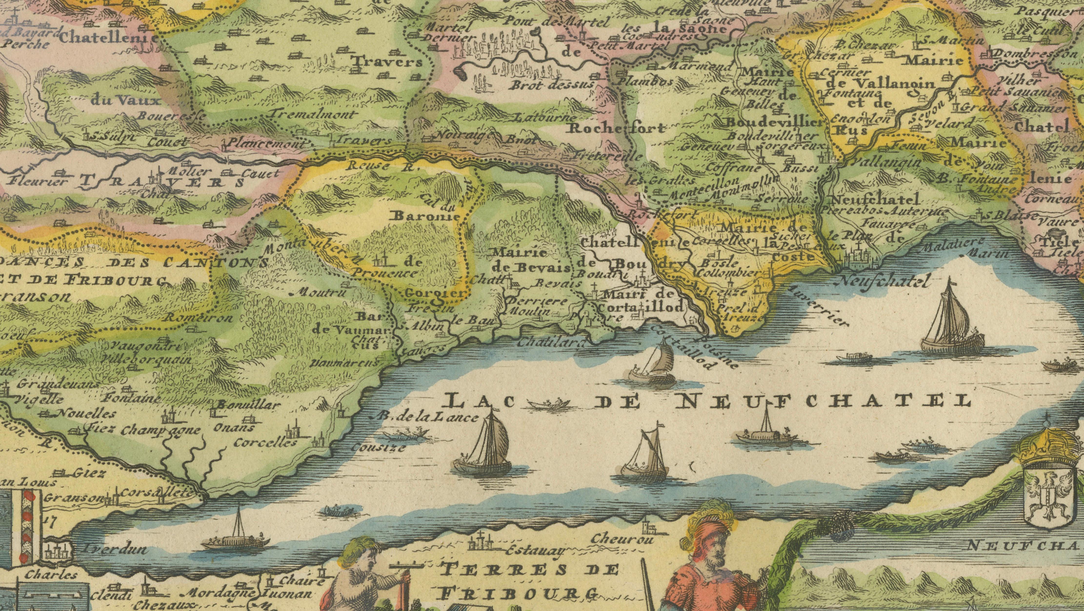 Decorative Antique Map of Neuchâtel & Lake Neuchâtel with Heraldry, 1706