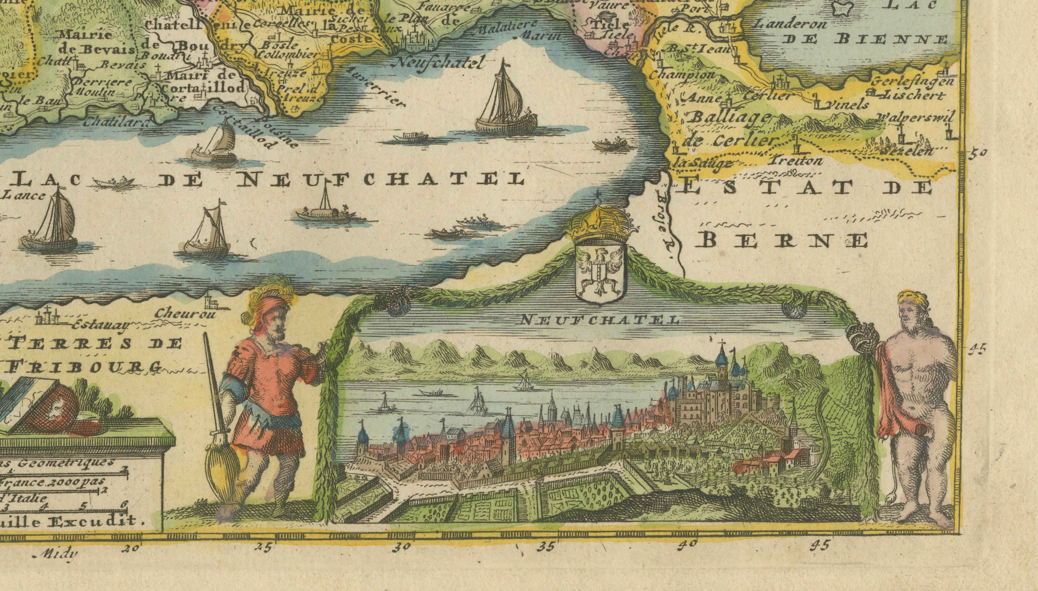 Decorative Antique Map of Neuchâtel & Lake Neuchâtel with Heraldry, 1706