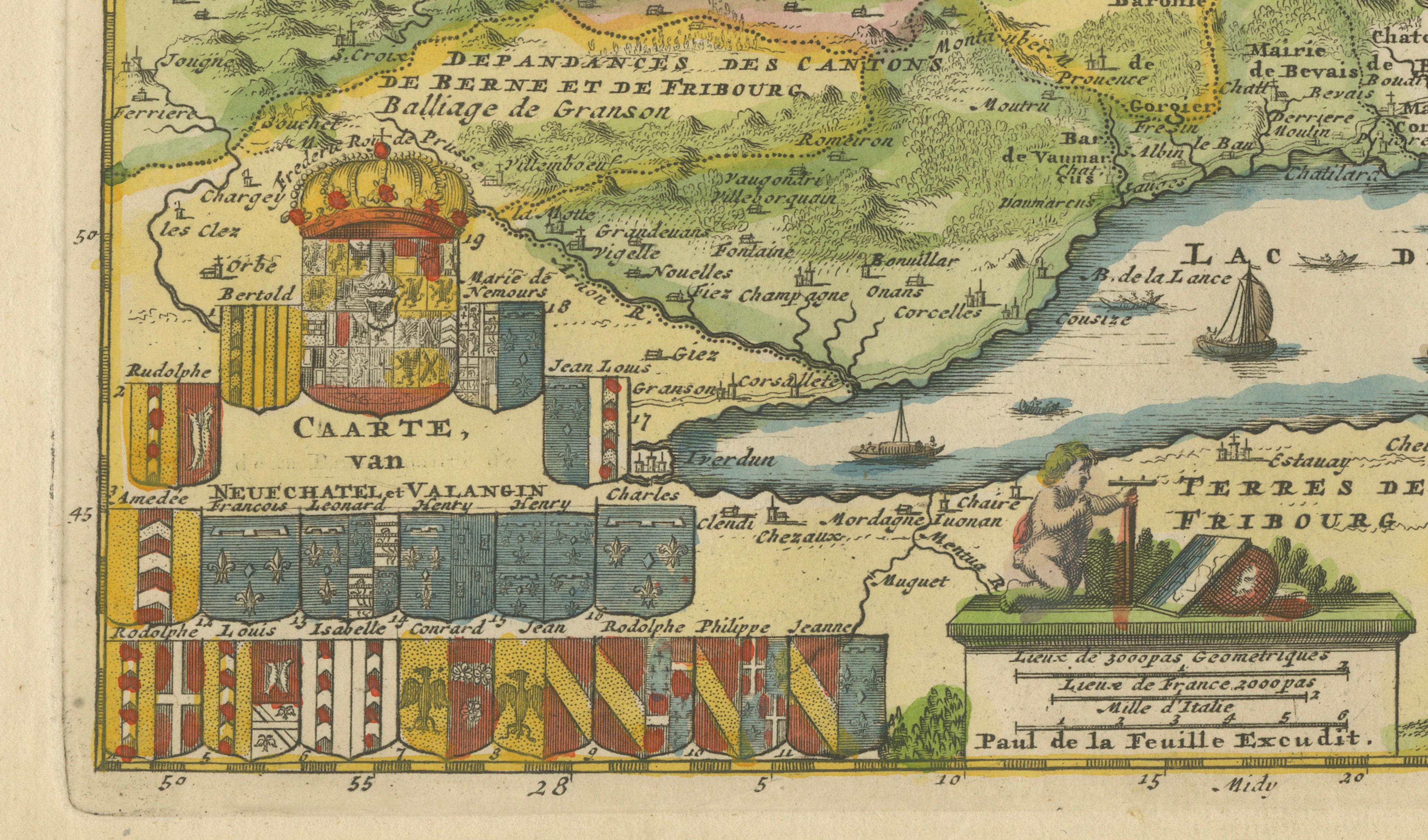 Decorative Antique Map of Neuchâtel & Lake Neuchâtel with Heraldry, 1706