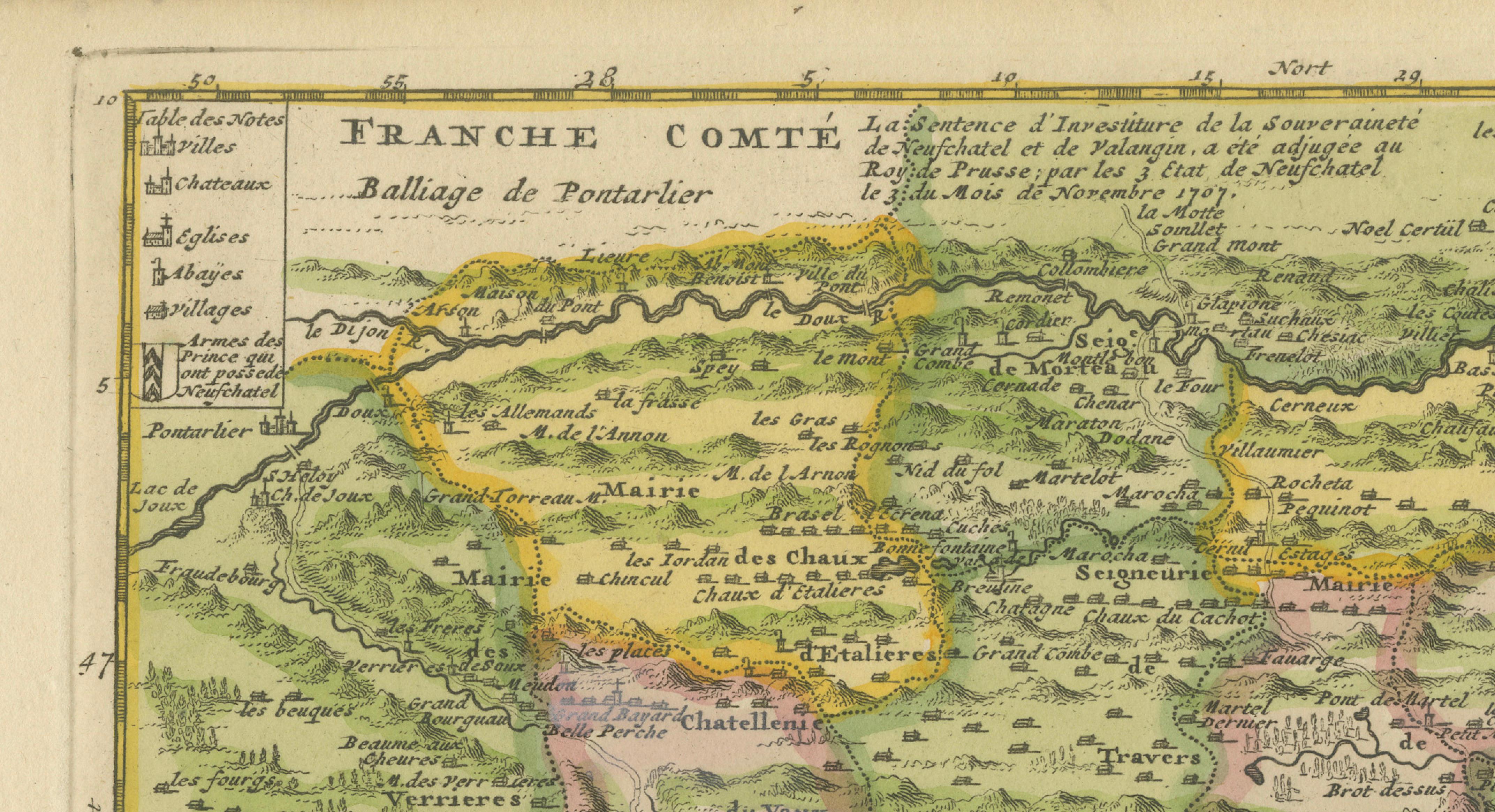 Decorative Antique Map of Neuchâtel & Lake Neuchâtel with Heraldry, 1706