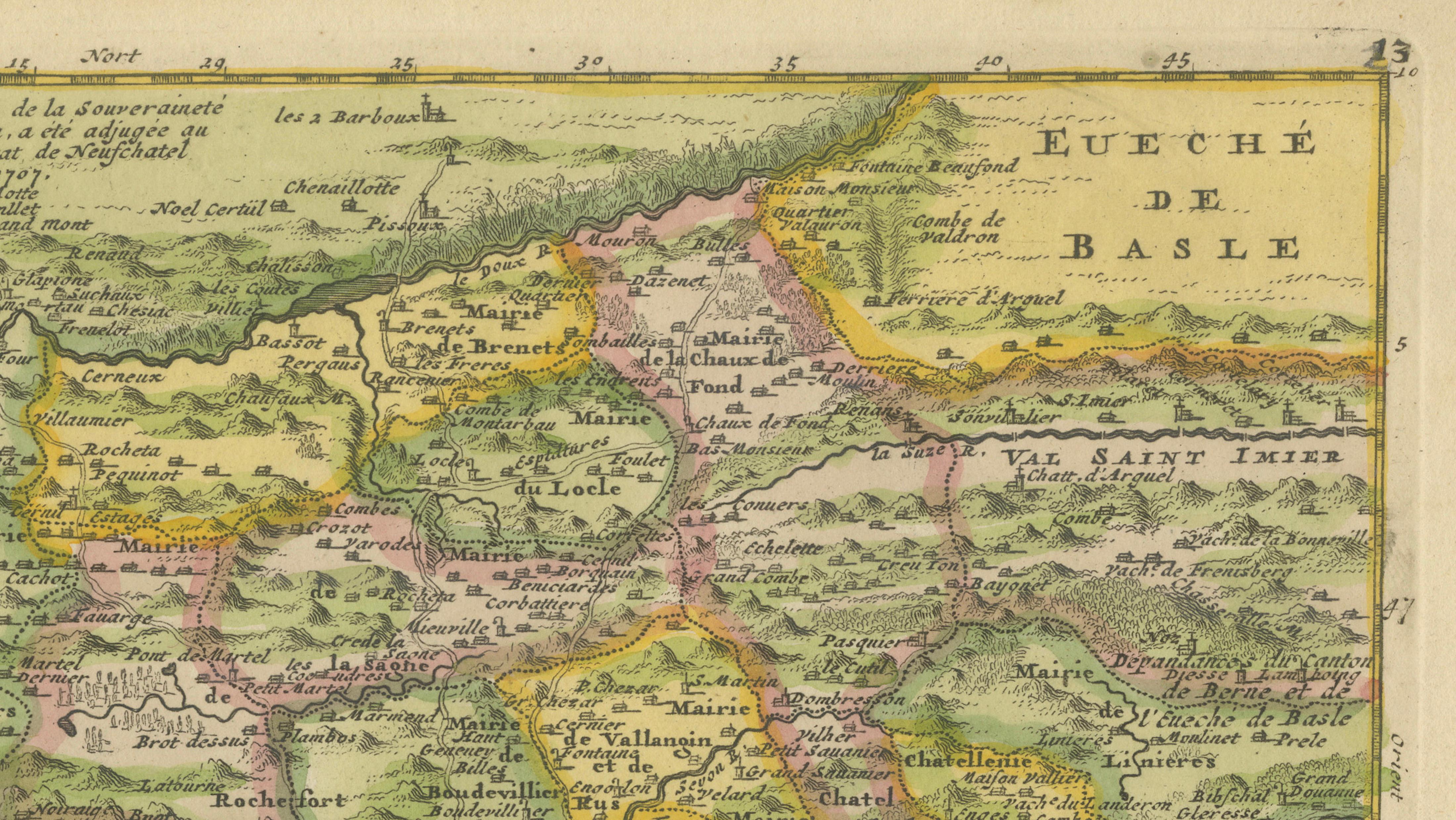 Decorative Antique Map of Neuchâtel & Lake Neuchâtel with Heraldry, 1706