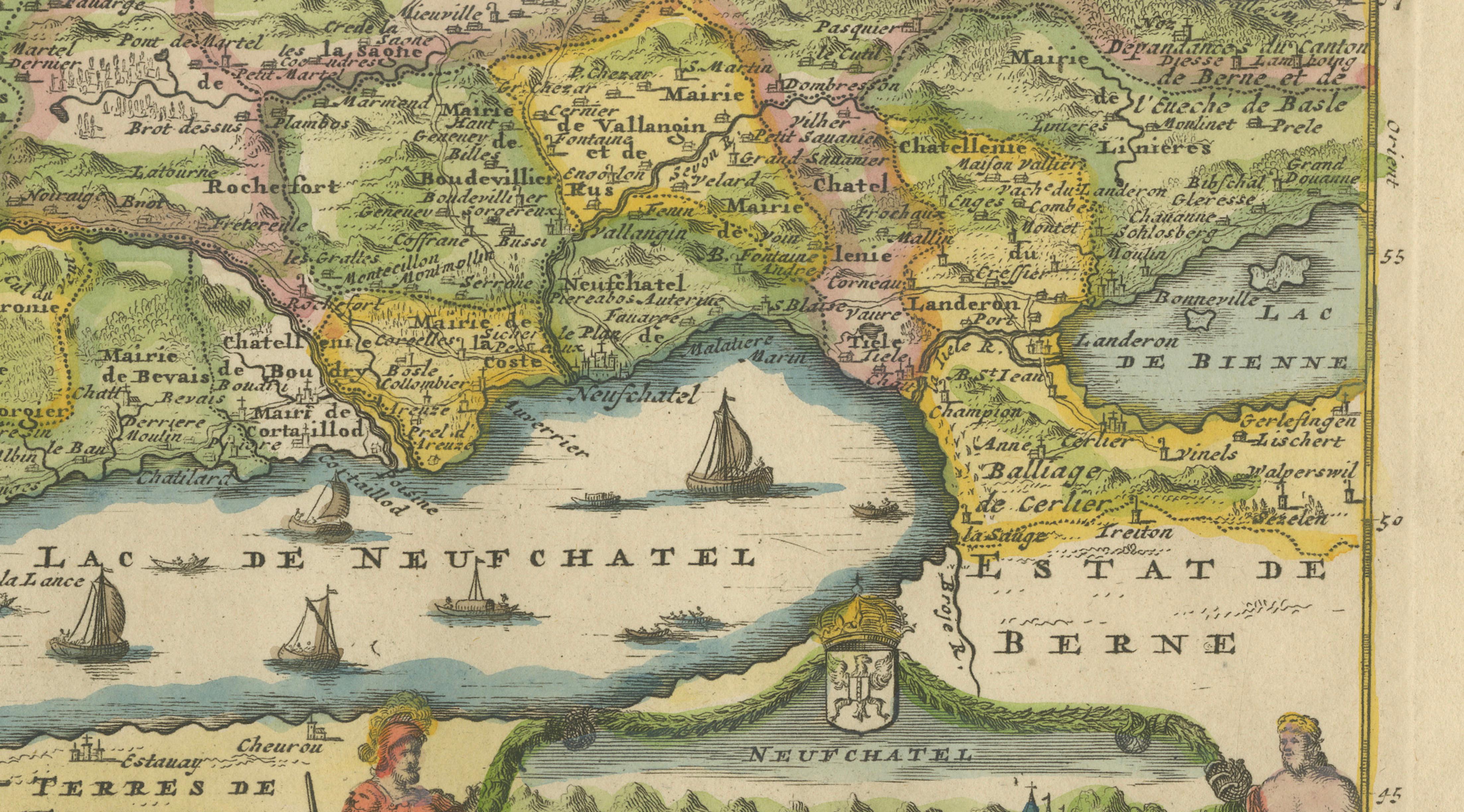 Decorative Antique Map of Neuchâtel & Lake Neuchâtel with Heraldry, 1706