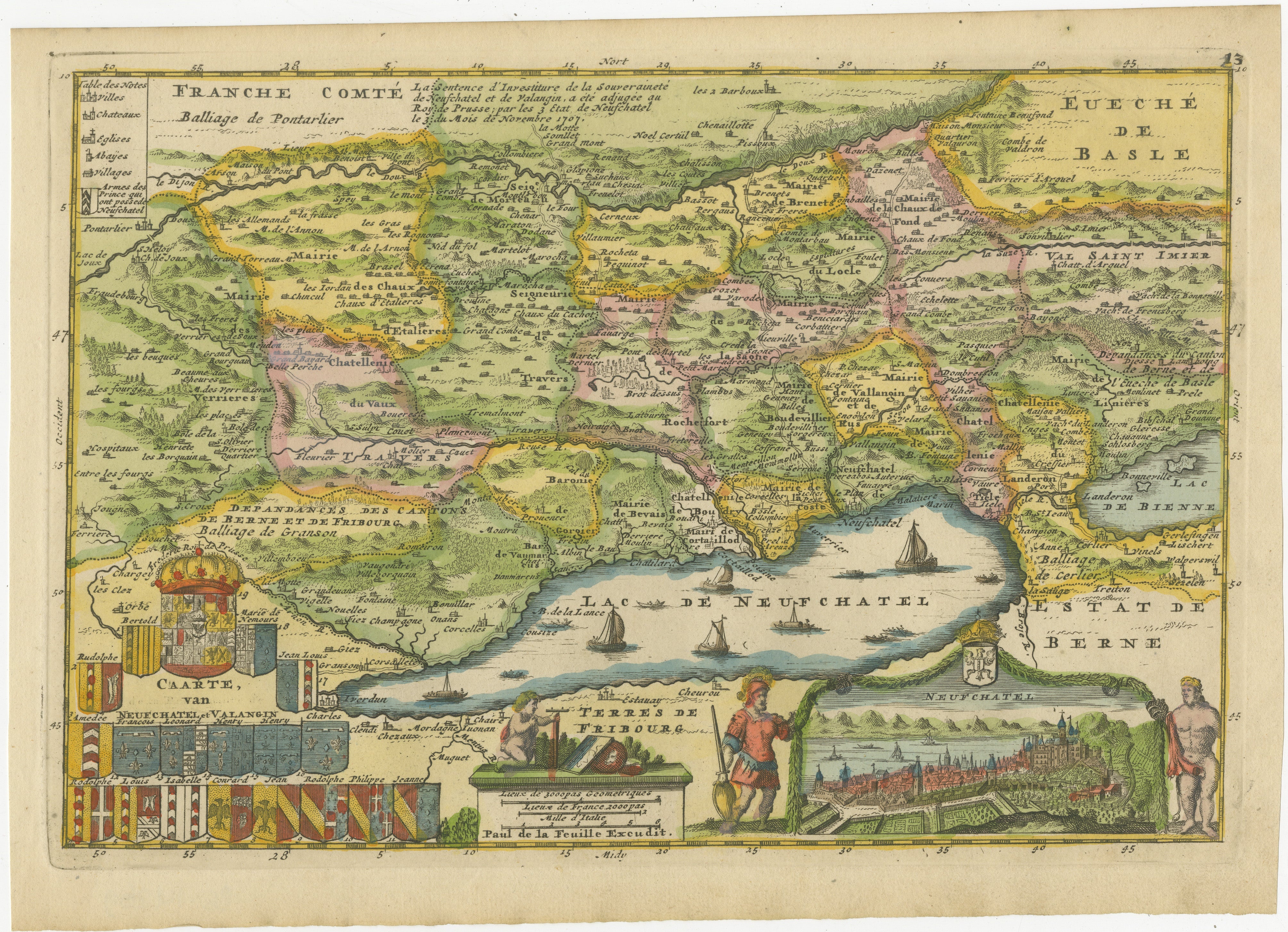 Decorative Antique Map of Neuchâtel & Lake Neuchâtel with Heraldry, 1706