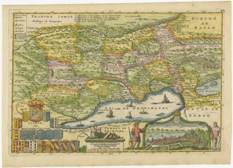 Decorative Antique Map of Neuchâtel & Lake Neuchâtel with Heraldry, 1706