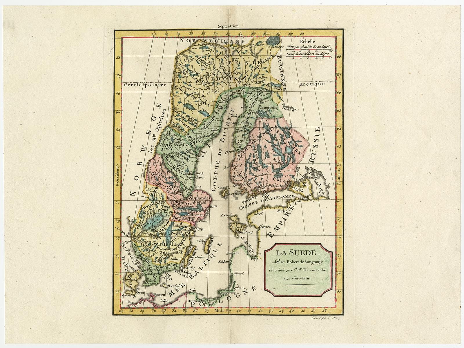 Antique map titled 'La Suede.' 

Decorative map of Sweden and part of Finland by Robert de Vaugondy, revised and published by Delamarche. Source unknown, to be determined.

Artists and Engravers: Made by 'Charles Francois Delamarche' after an