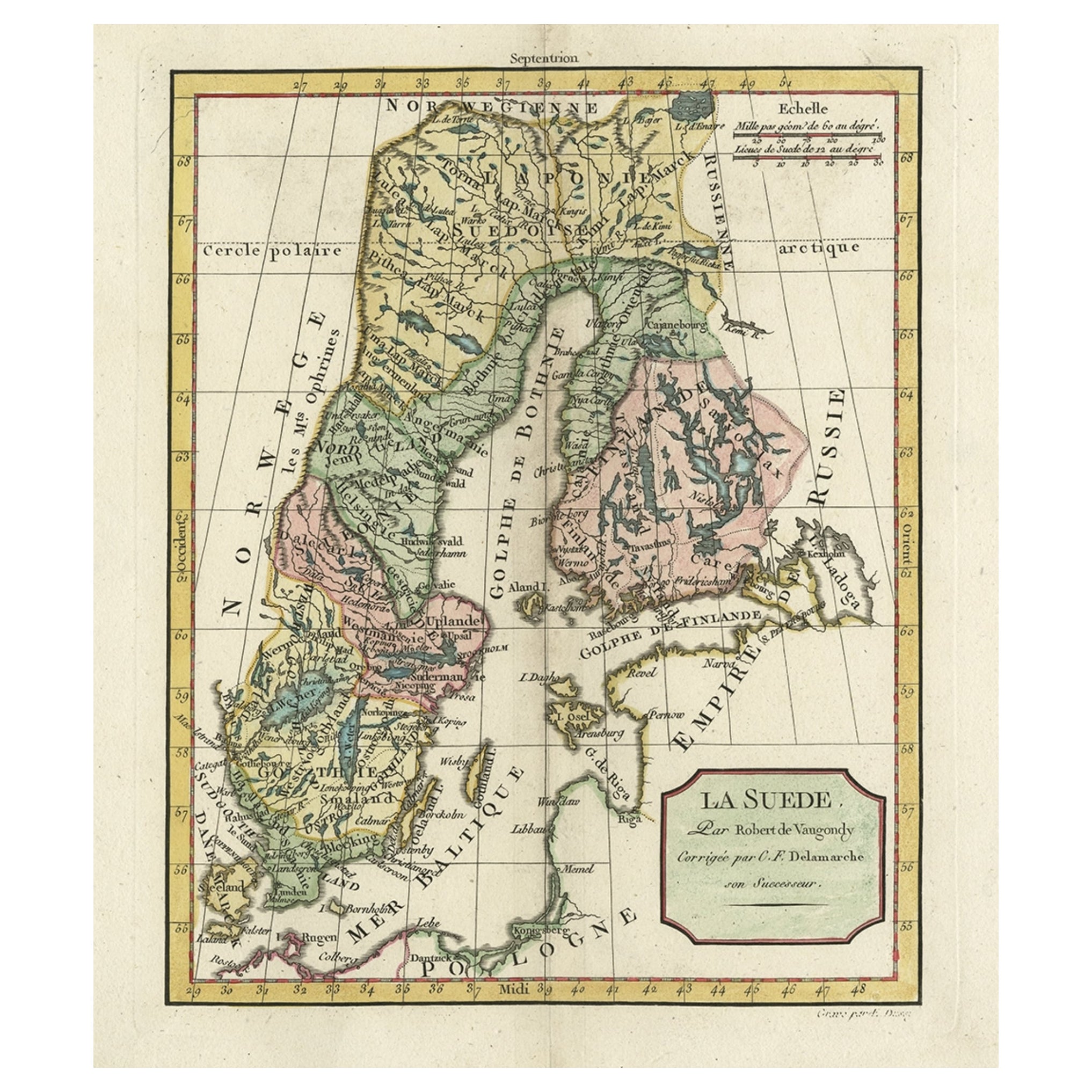 Carte décorative ancienne de Suède et d'une partie de la Finlande, 1806