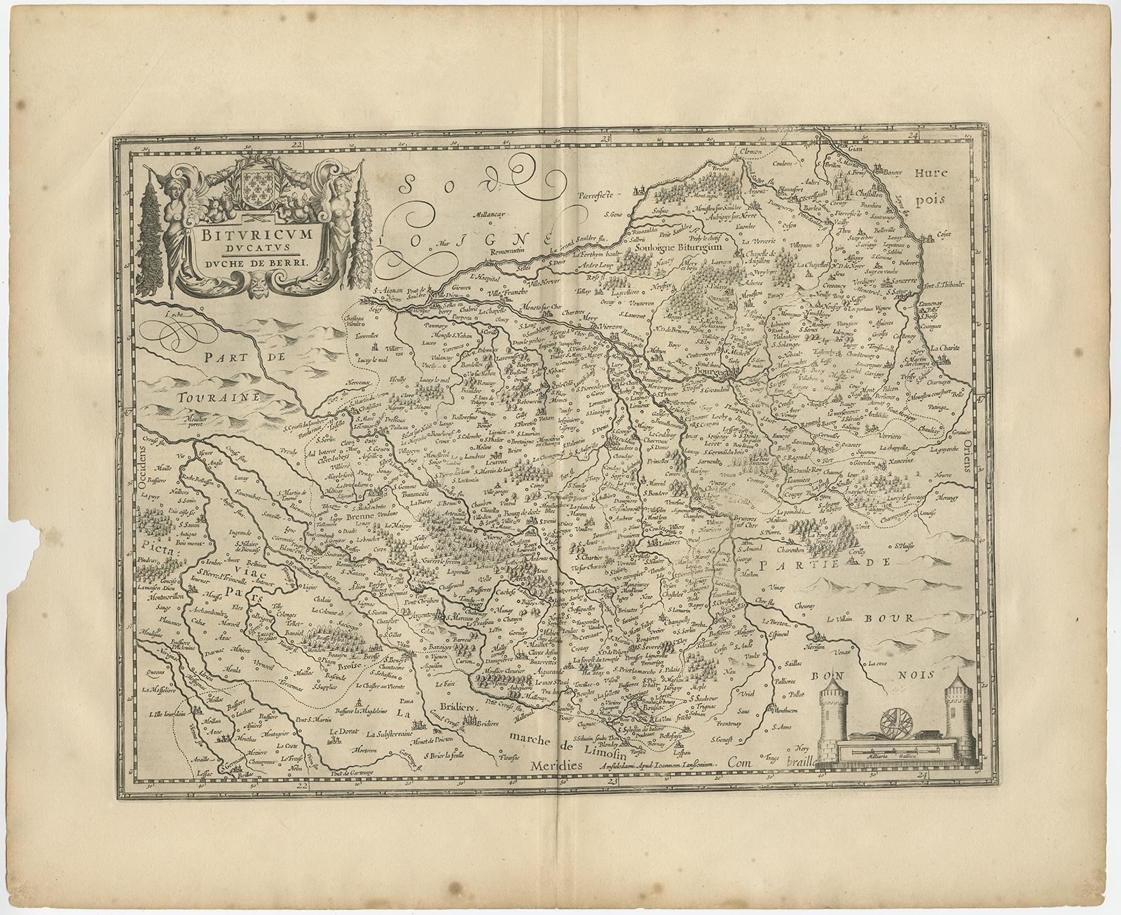 Antike Karte von Frankreich mit dem Titel 'Bituricum Ducatus - Duche de Berri'. 

Dekorative Karte der Region Berry, Frankreich. Das Berry ist eine Region in der Mitte Frankreichs. Es war eine französische Provinz, bis die Départements am 4. März