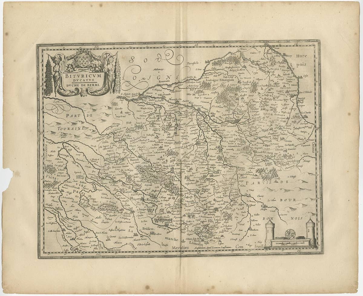 Decorative Antique Map of the Berry Region, France, 1657