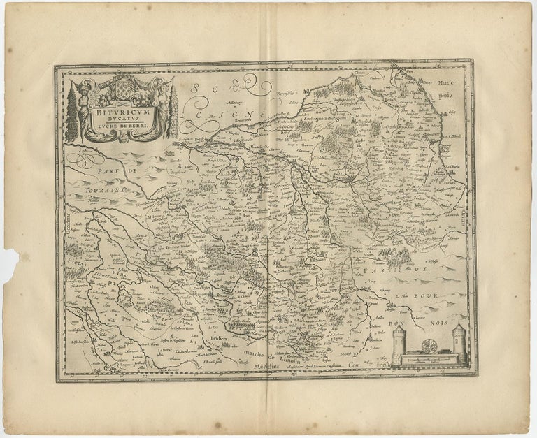 Decorative Antique Map of the Berry Region, France, 1657 For Sale at
