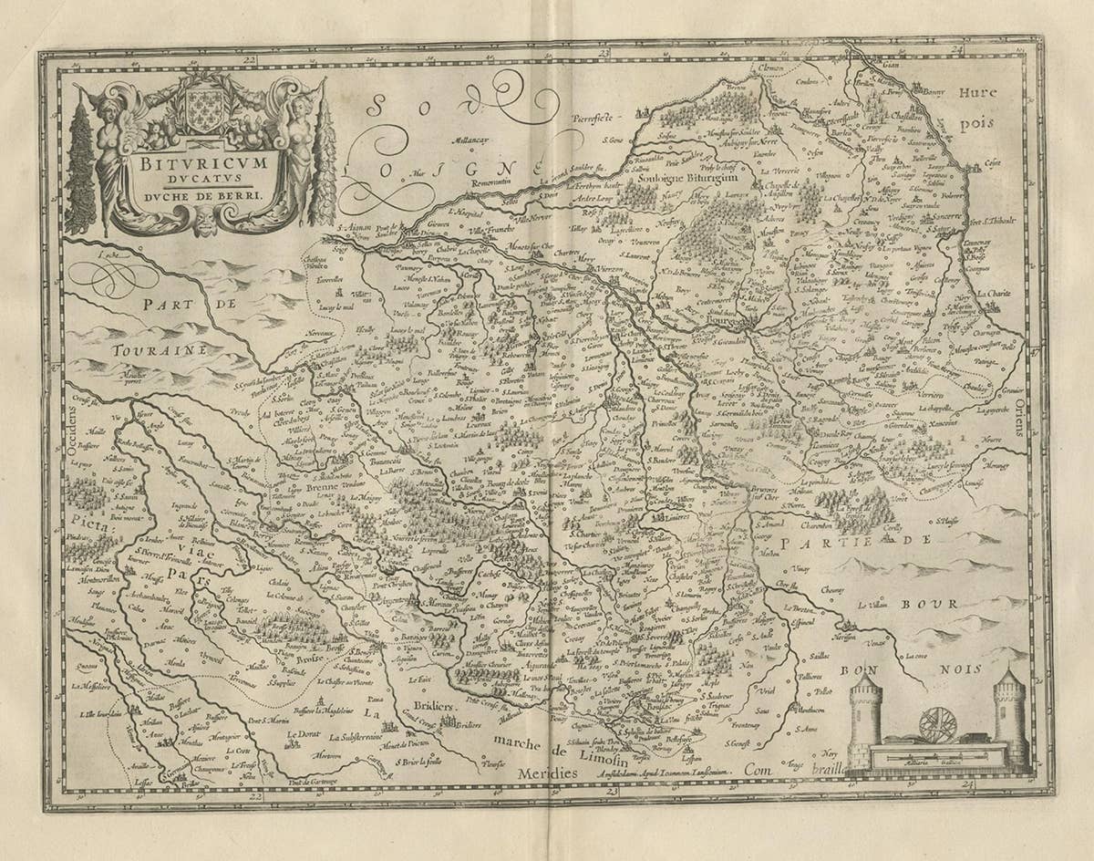Decorative Antique Map of the Berry Region, France, 1657