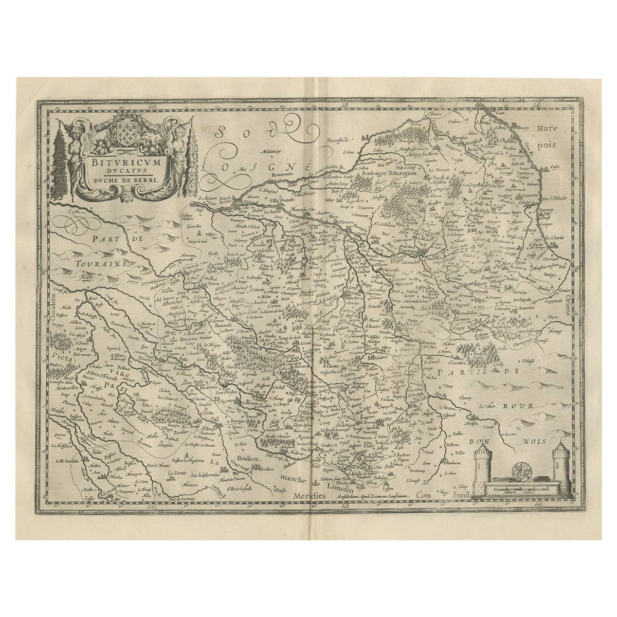 Decorative Antique Map of the Berry Region, France, 1657