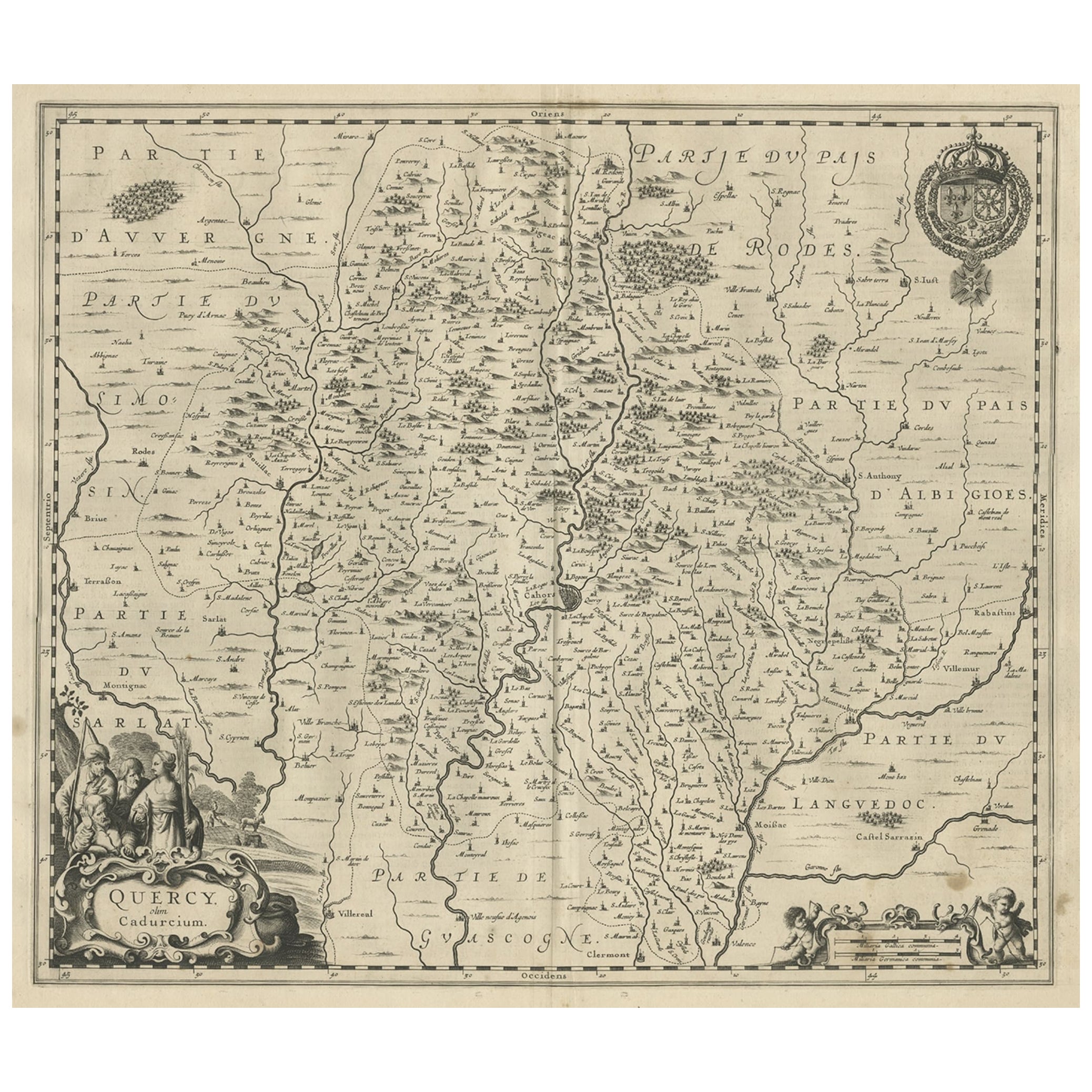 Carte décorative ancienne de la région de Quercy en France, 1657