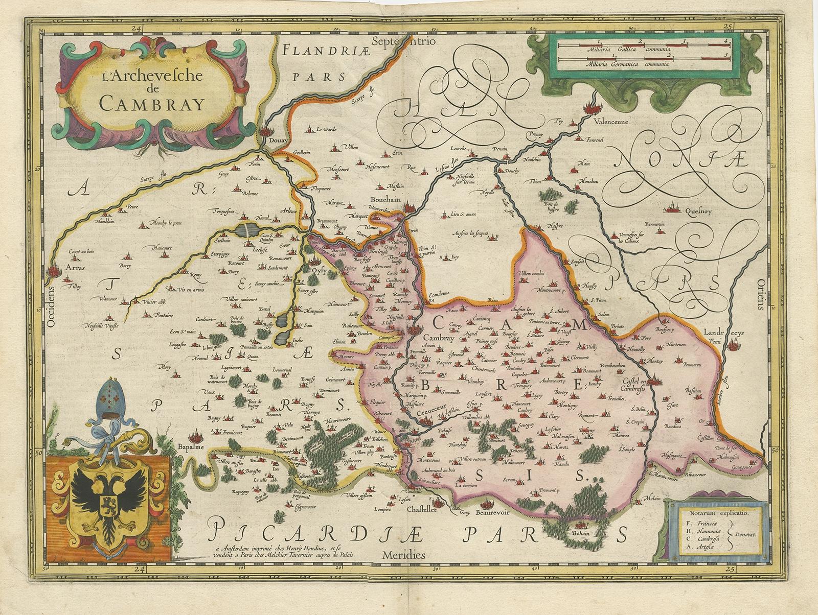 Antique map titled 'l'Archevesche de Cambray'. Decorative map of the region of Cambrai, France. Includes the cities of Cambrai, Valencienes, Douai, and Bouchain. 

Artists and Engravers: Henricus Hondius (1597-1651) was one of the famous Dutch