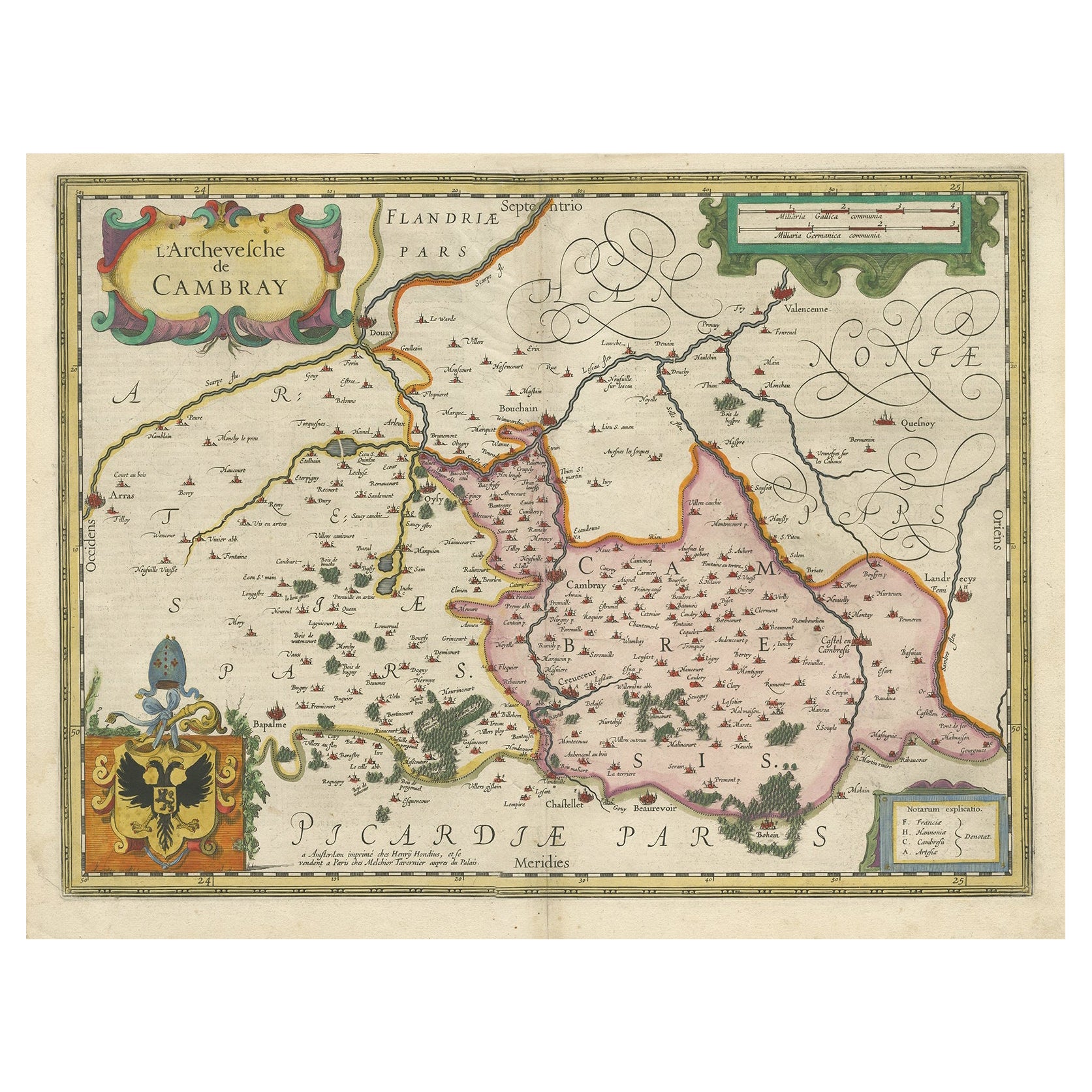 Mappa decorativa antica della regione di Cambrai, Francia, 1630 ca. in vendita