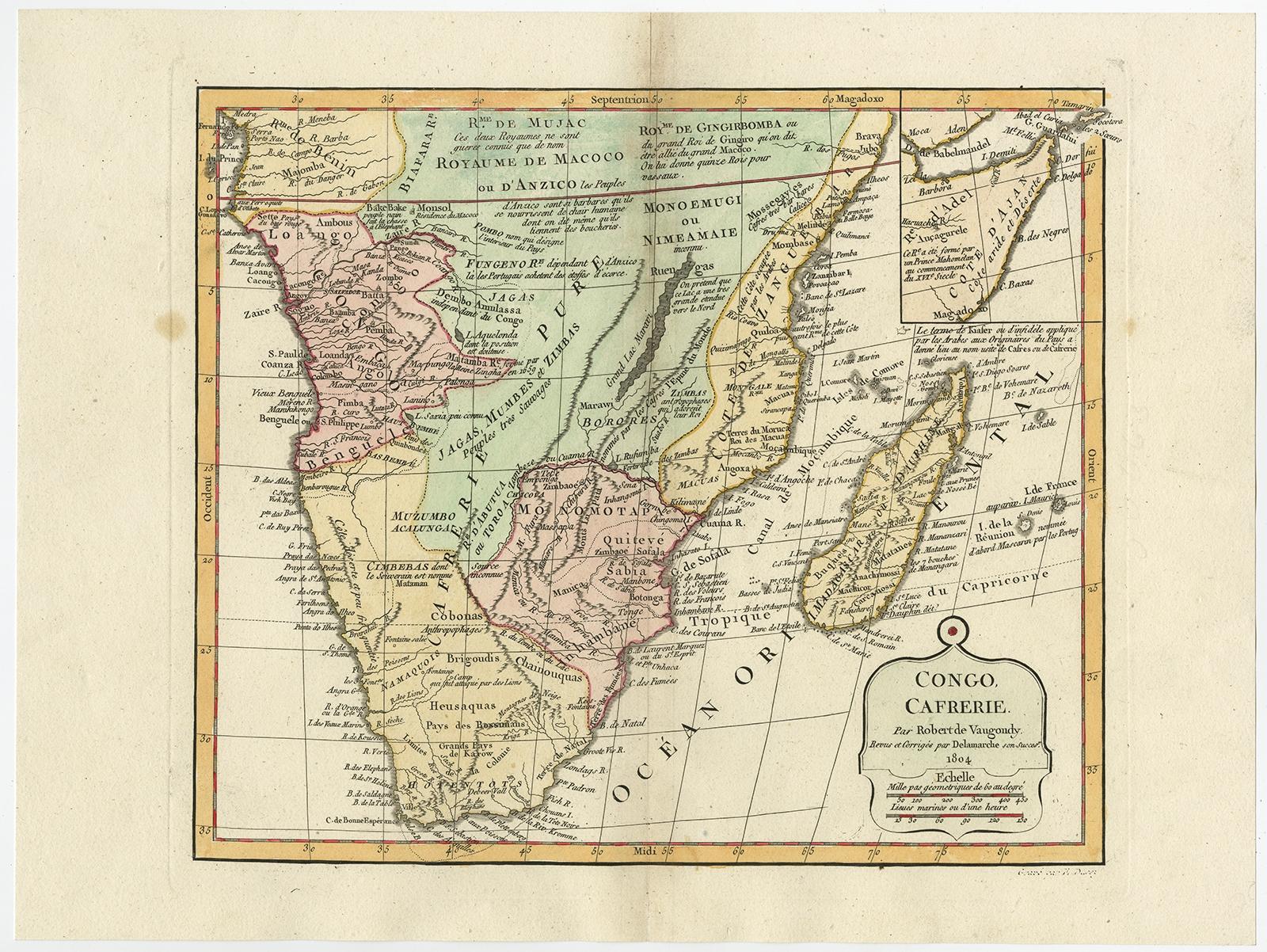 Antique map titled 'Congo, Cafrerie.' 

Decorative map of the southern part of Africa by Robert de Vaugondy, revised and published by Delamarche. Source unknown, to be determined.

Artists and Engravers: Charles Francois Delamarche (1740-1817)