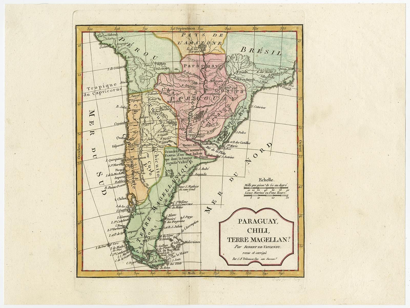 Description: Antique map titled 'Paraguay, Chili, Terre Magellan?' 

Decorative map of the southern part of South America by Robert de Vaugondy, revised and published by Delamarche. Source unknown, to be determined.

Artists and Engravers: