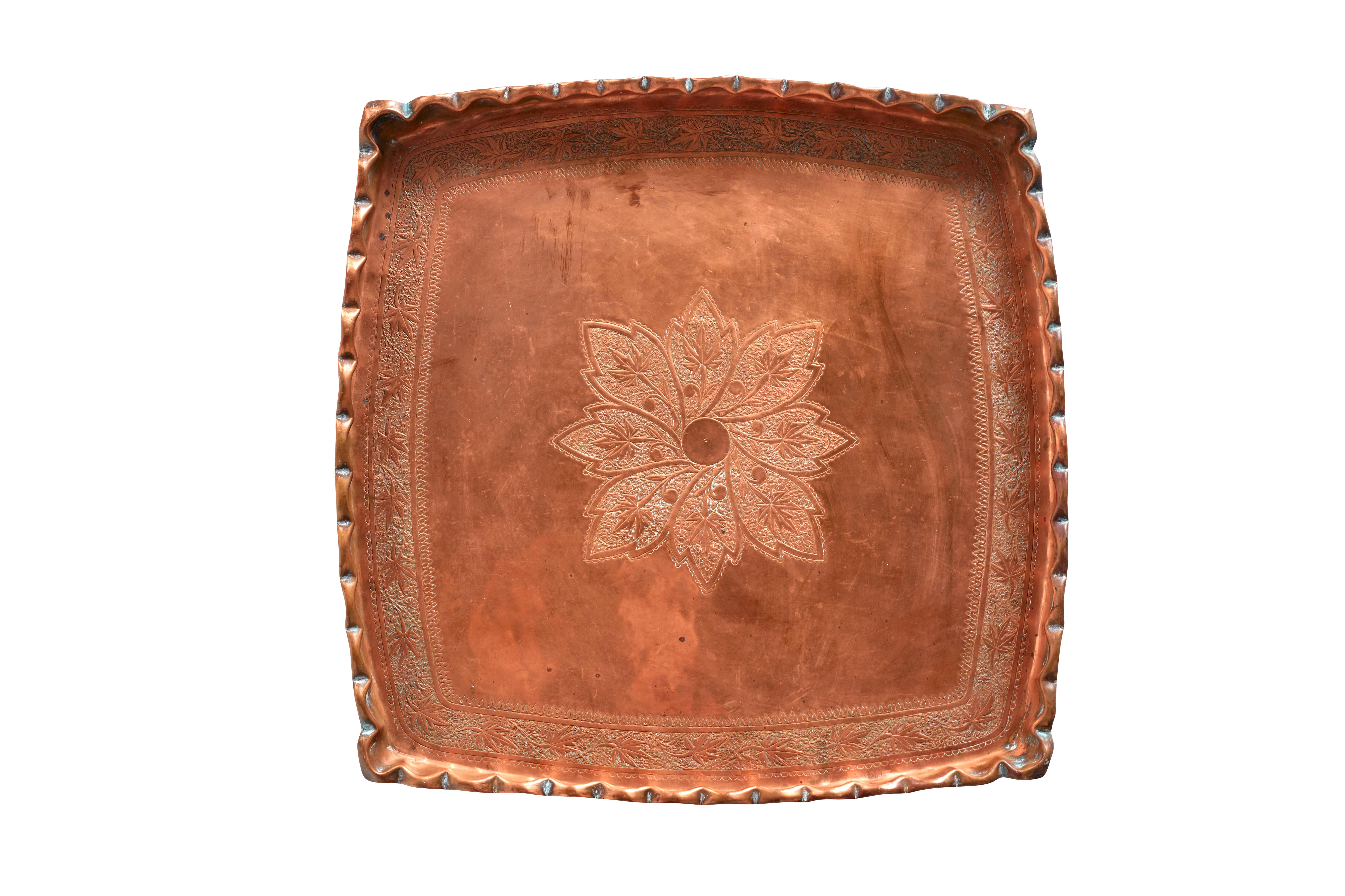 Tribal Decorative Antique Moroccan Copper Tray with Scalloped Rim For Sale