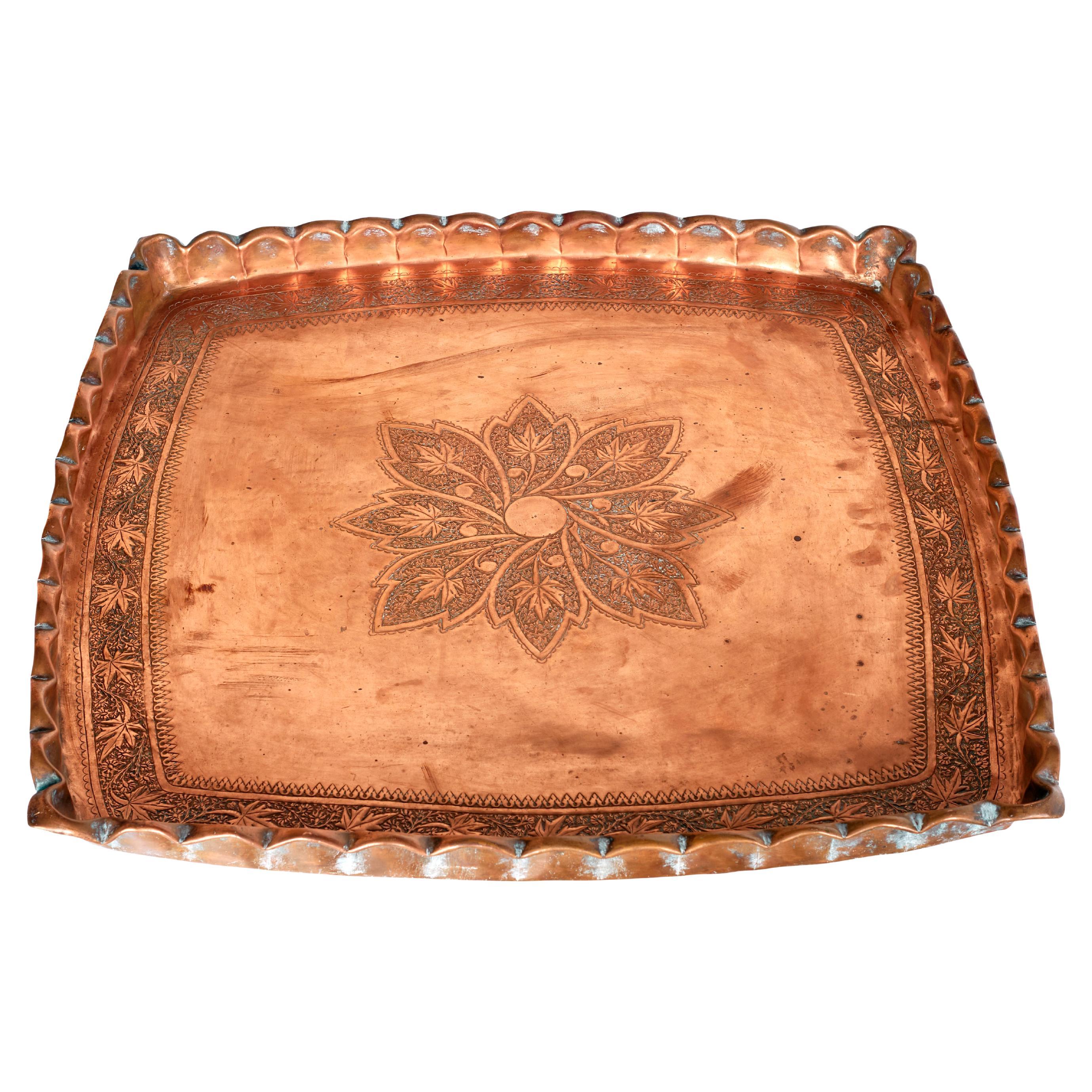 Decorative Antique Moroccan Copper Tray with Scalloped Rim For Sale