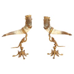 Decorative Antique Pair of Mounted Horns