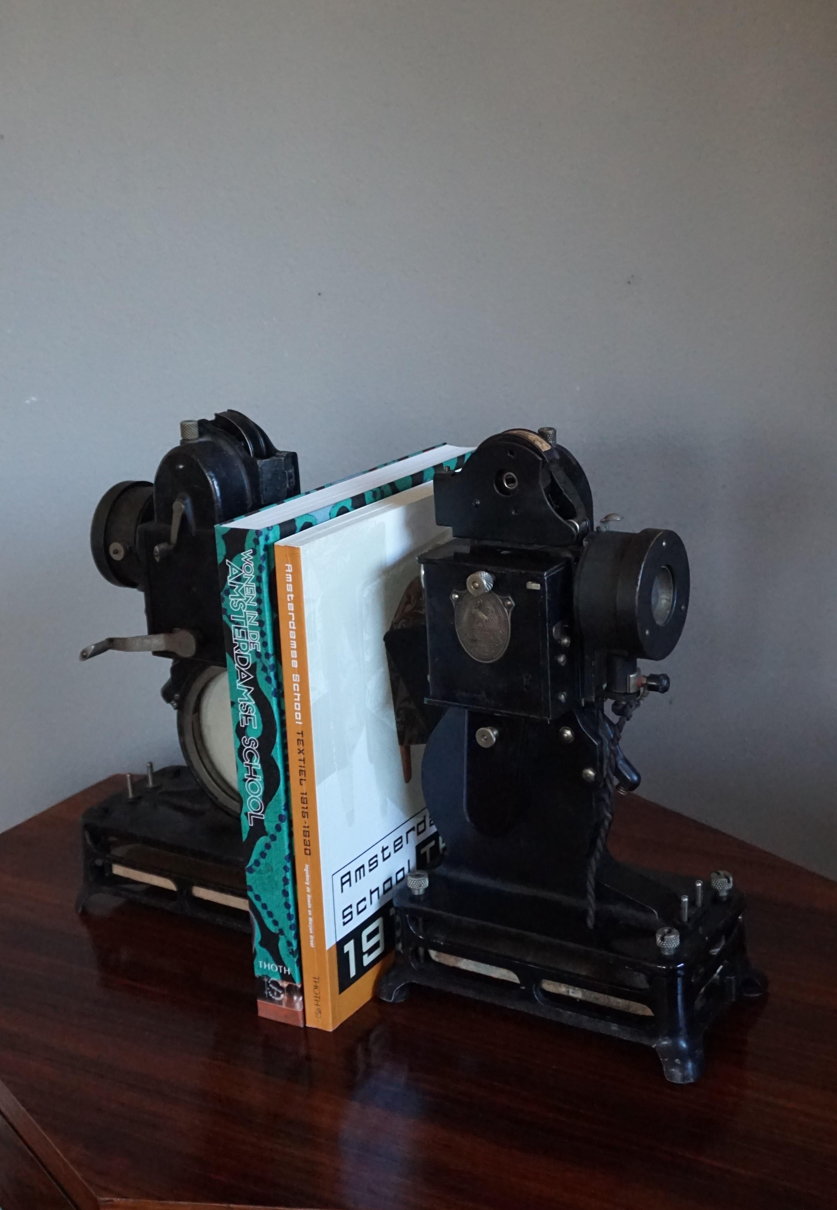 French Decorative Antique Pathé Baby Projector Bookends with Felix the Cat Cartoon Film