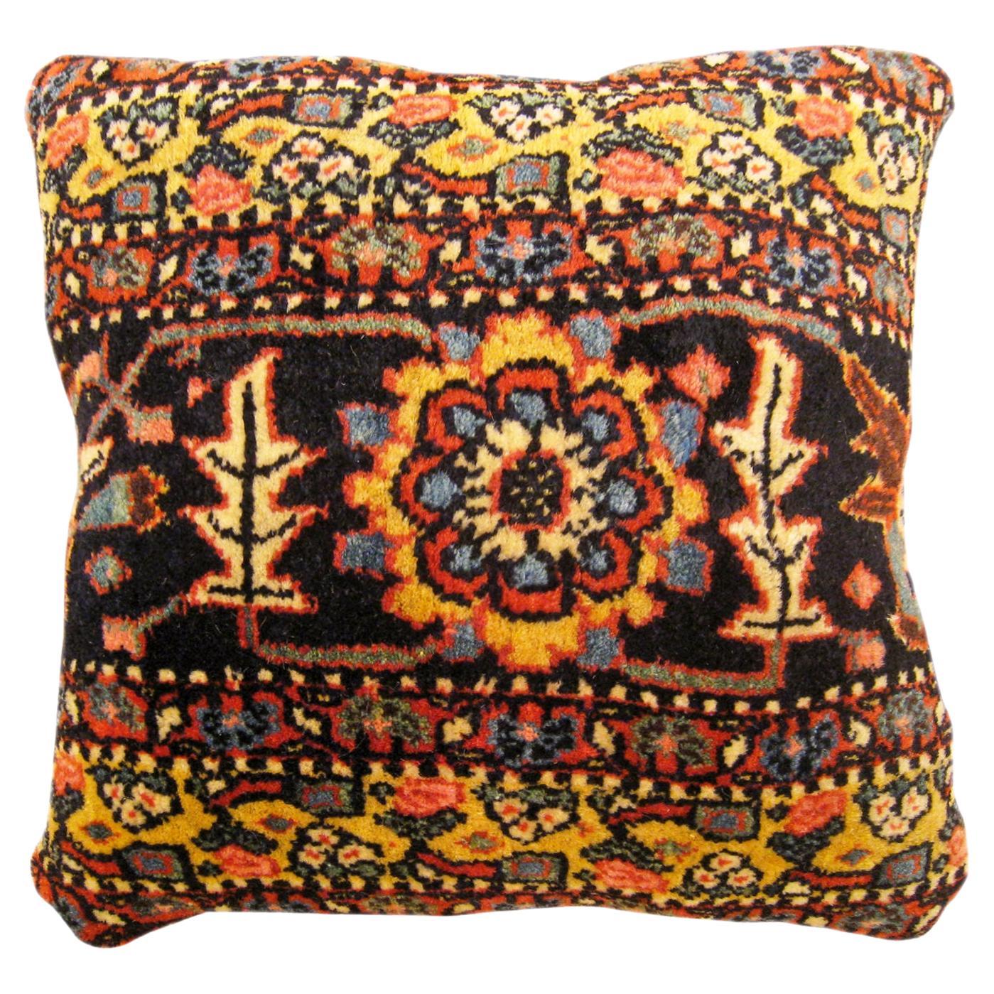 Decorative Antique Persian Bidjar Carpet Pillow with Floral Elements For Sale