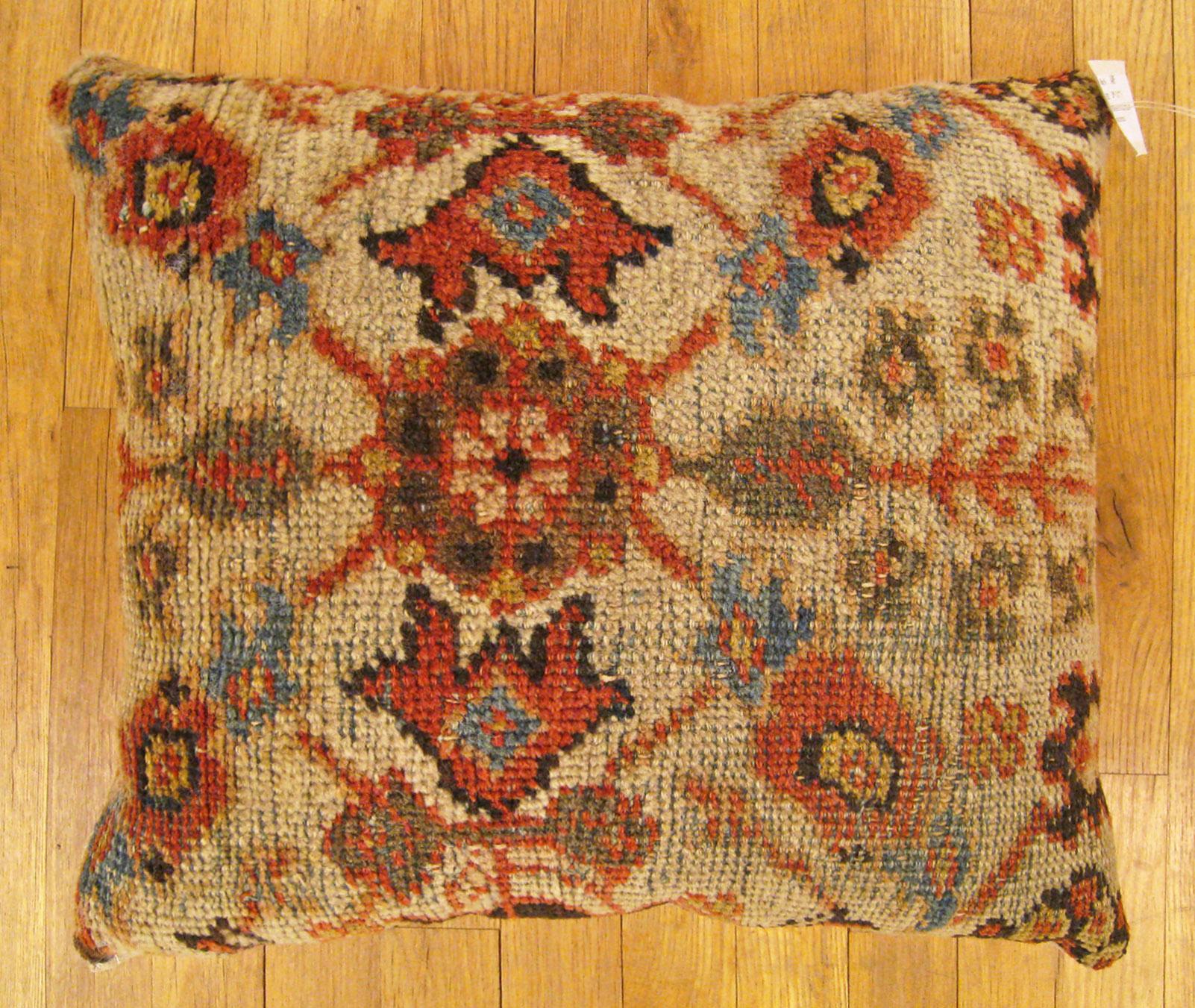 Antique Persian Sultanabad Pillow; size 1'8” x 1'5”.

An antique decorative pillow with floral elments and geometric abstracts, size 1'8” x 1'5”. This lovely decorative pillow features an antique fabric of a Hamadan rug on front which is