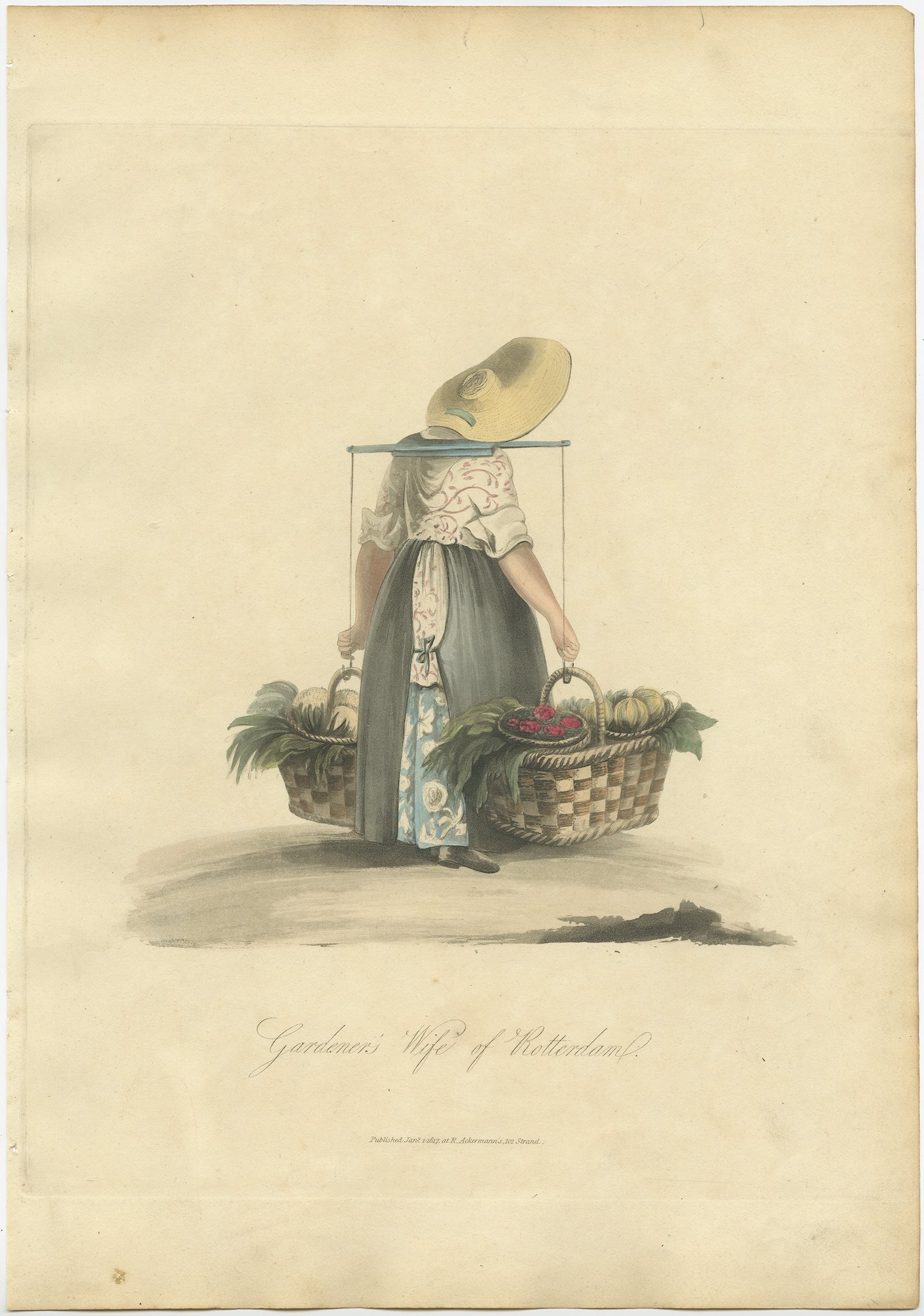 Antique costume print titled 'Gardeners Wife of Rotterdam'. Old costume print depicting a gardeners wife of Rotterdam. This print originates from 'The Costume of the Netherlands displayed in thirty coloured engravings'. 

Artists and Engravers: