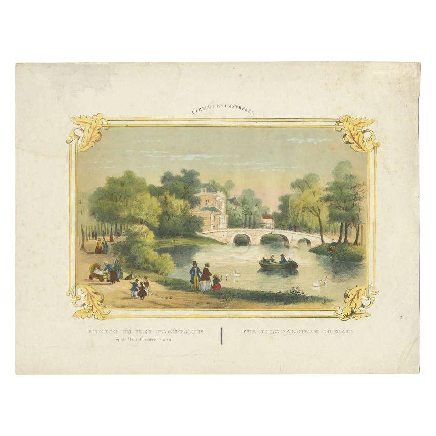 Decorative Antique Print of a Park in Utrecht, The Netherlands, c.1860