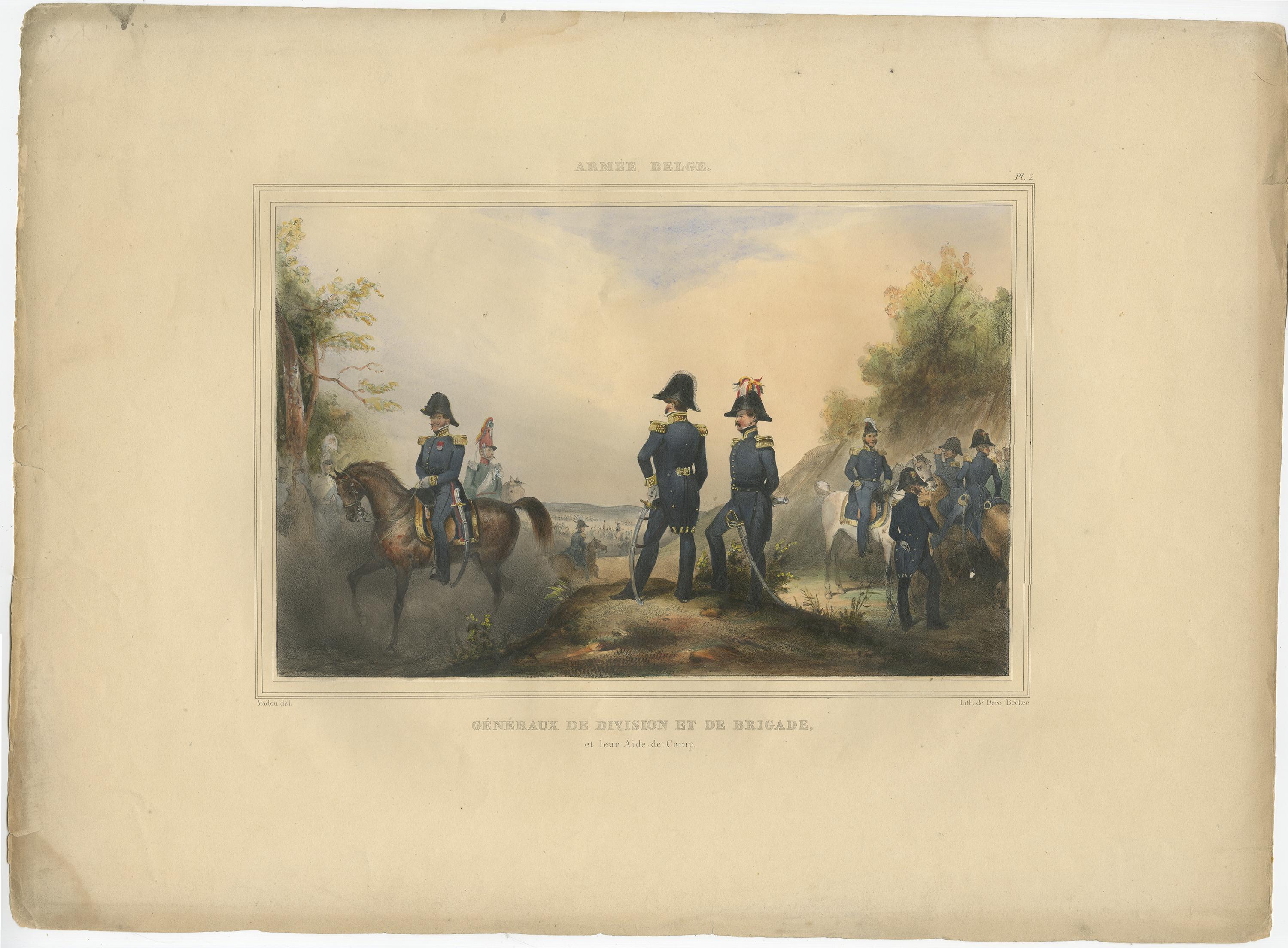 Un bonito grabado coloreado a mano de una serie original de 23 láminas, que muestra a generales discutiendo asuntos. publicado en 1833. Raro.

De una serie de bellas láminas litografiadas con trajes militares belgas según Madou e impresas por