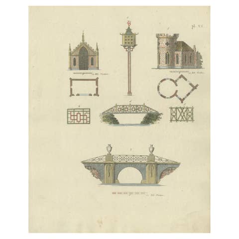 Decorative Antique Print of Garden Architecture by Van Laar, 1802
