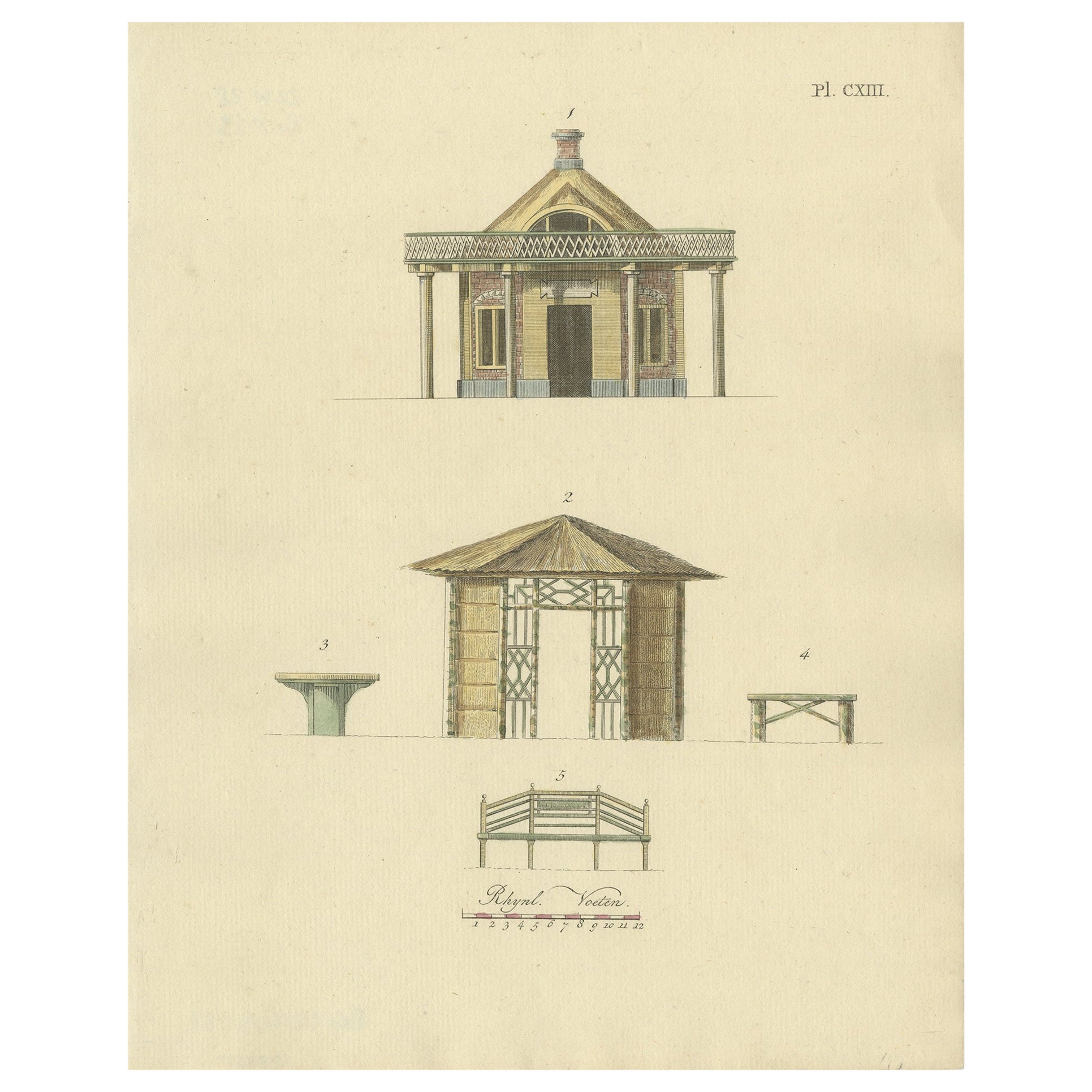 Impression ancienne décorative d'une architecture de jardin par Van Laar, 1802